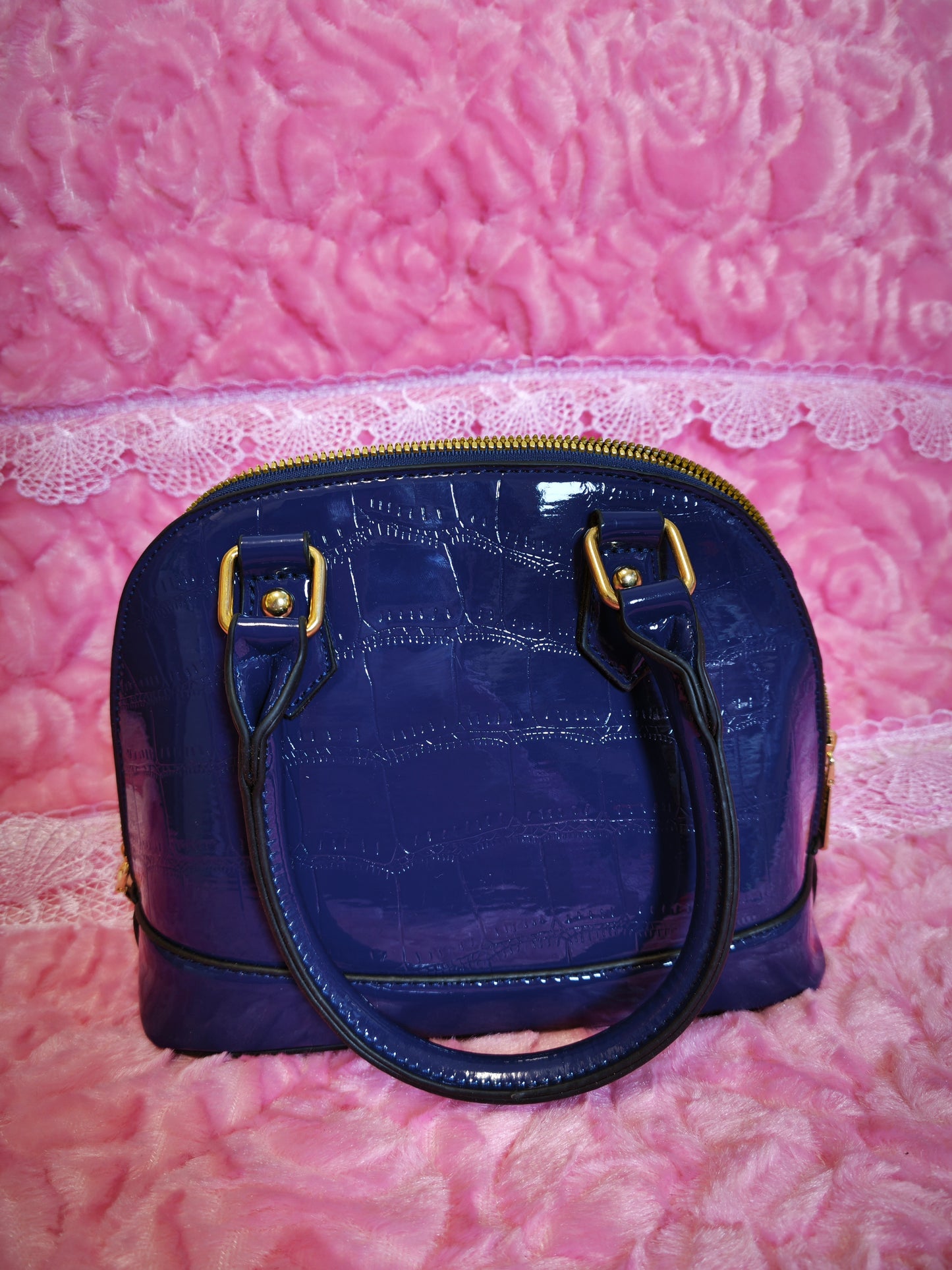 Navy Patent Crocodile-Print Half-Moon Mini Handbag