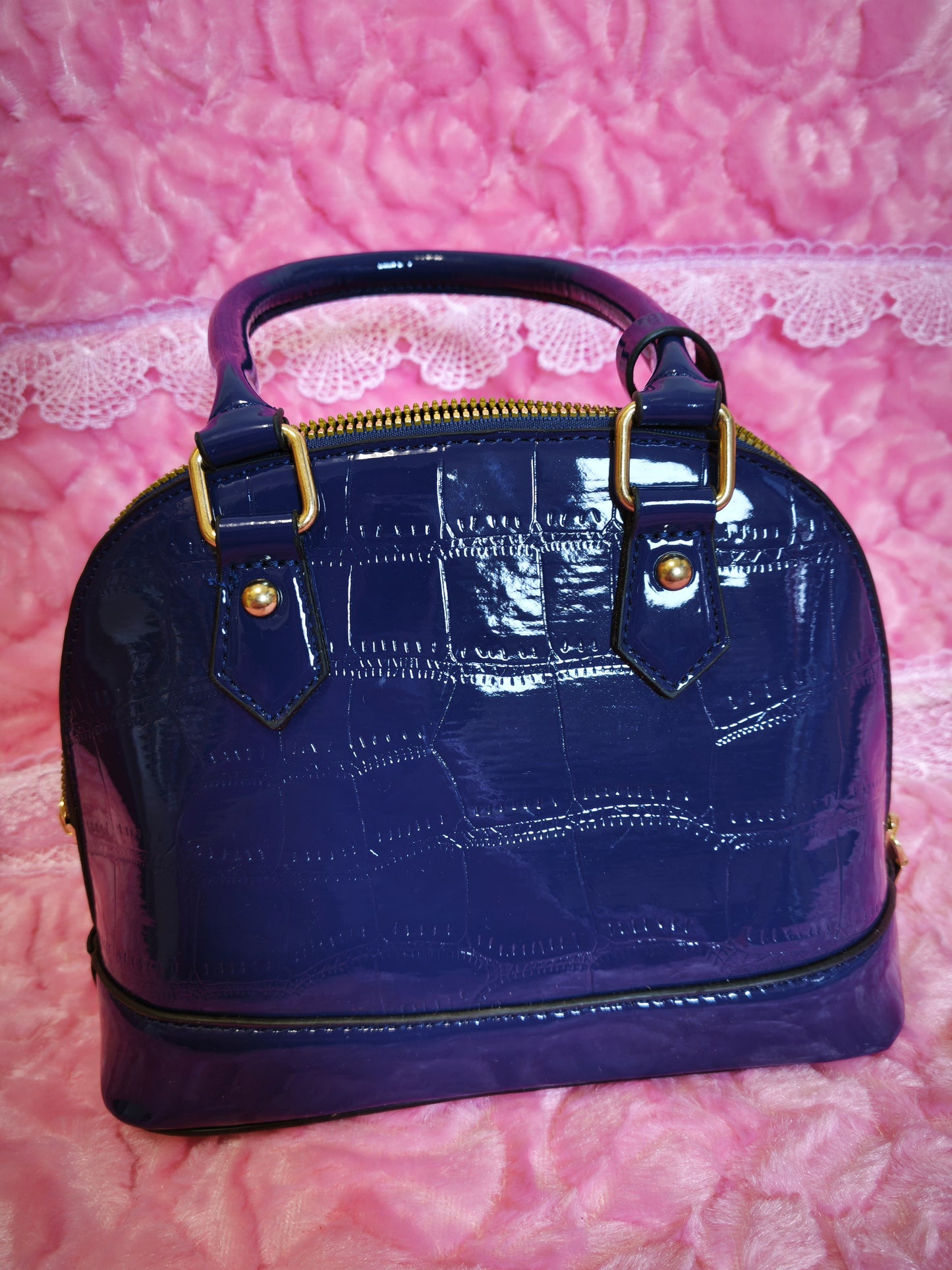 Navy Patent Crocodile-Print Half-Moon Mini Handbag