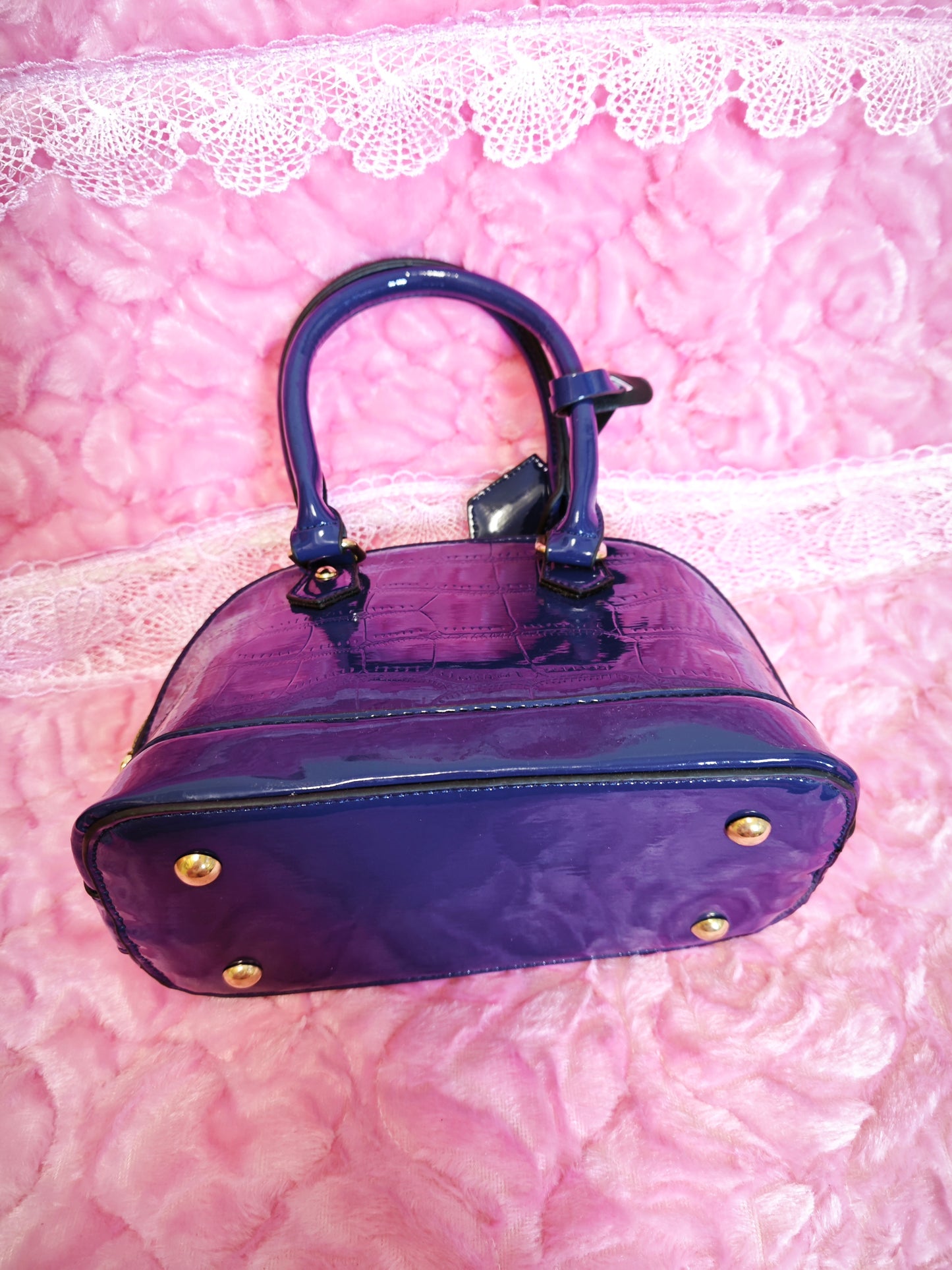 Navy Patent Crocodile-Print Half-Moon Mini Handbag