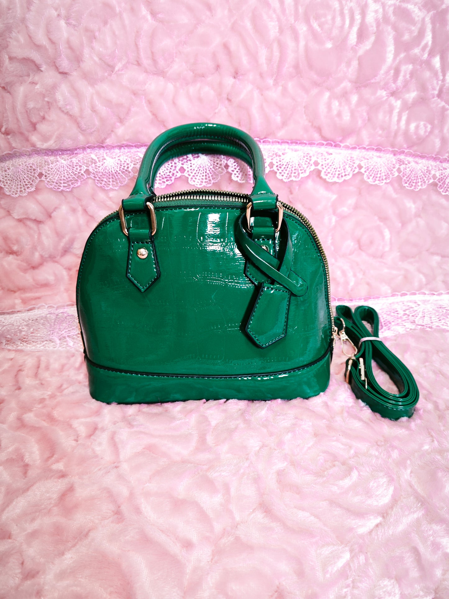 Dark Green Patent Crocodile-Print Half-Moon Mini Handbag