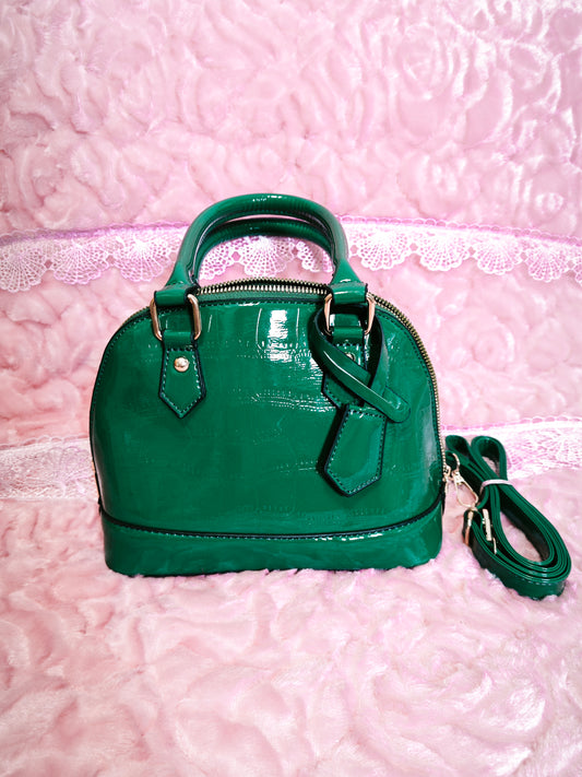 Dark Green Patent Crocodile-Print Half-Moon Mini Handbag