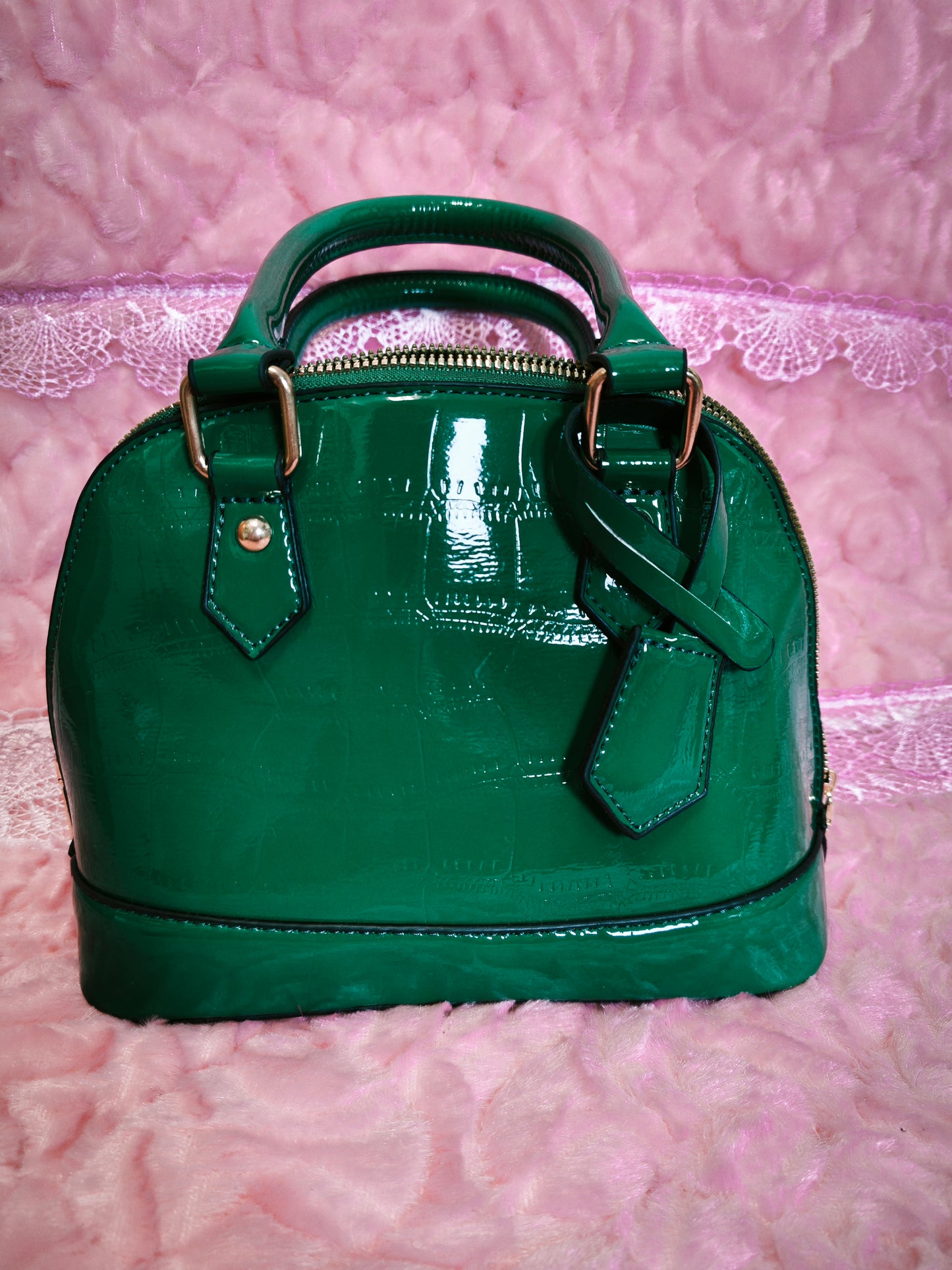 Dark Green Patent Crocodile-Print Half-Moon Mini Handbag