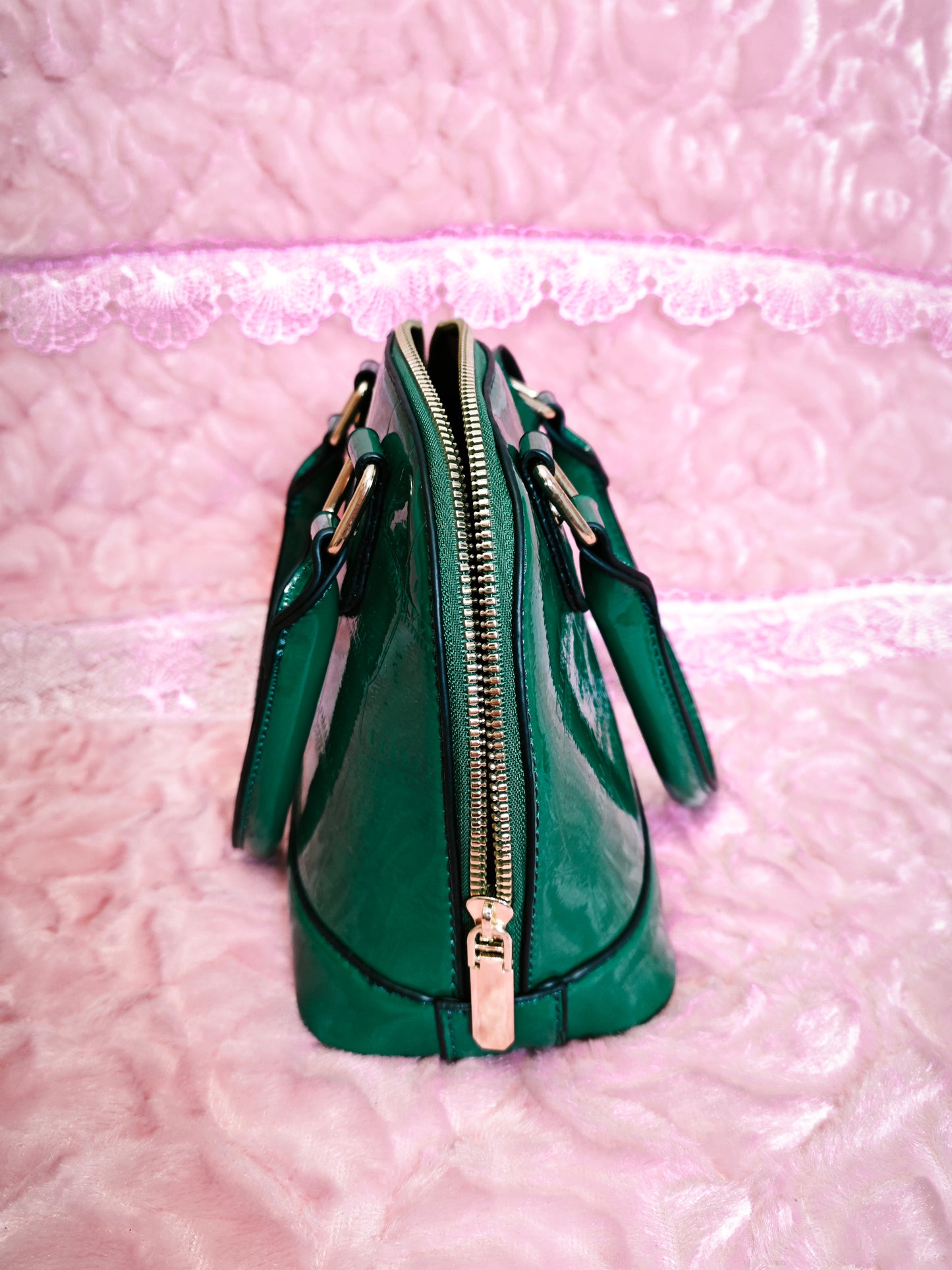 Dark Green Patent Crocodile-Print Half-Moon Mini Handbag