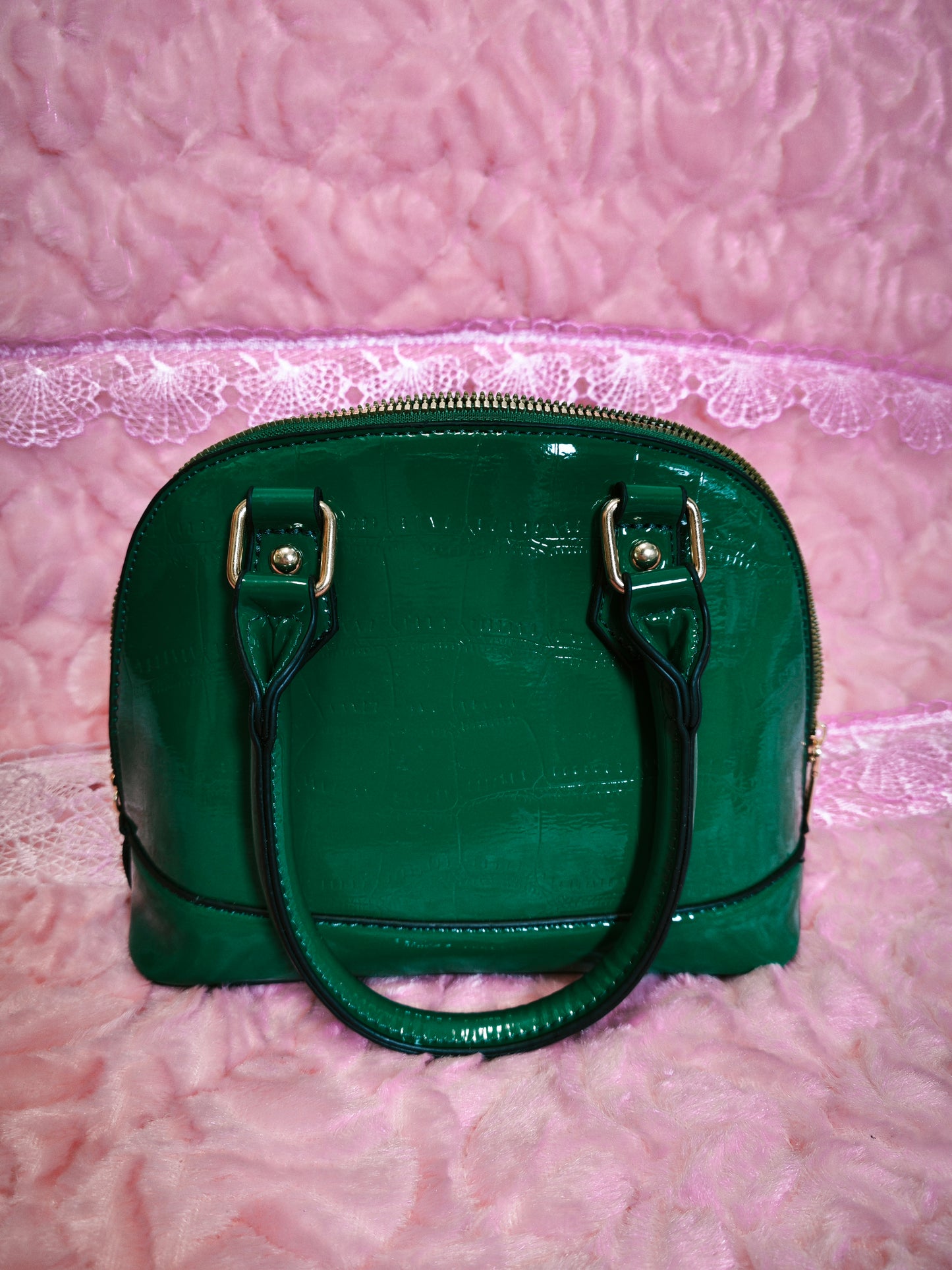 Dark Green Patent Crocodile-Print Half-Moon Mini Handbag