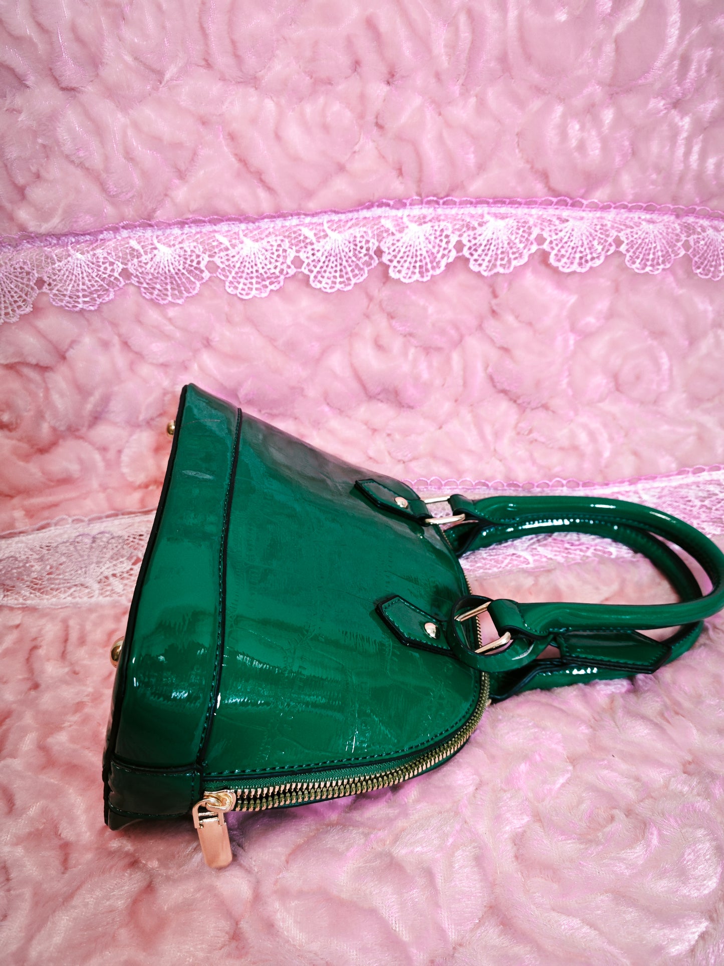 Dark Green Patent Crocodile-Print Half-Moon Mini Handbag