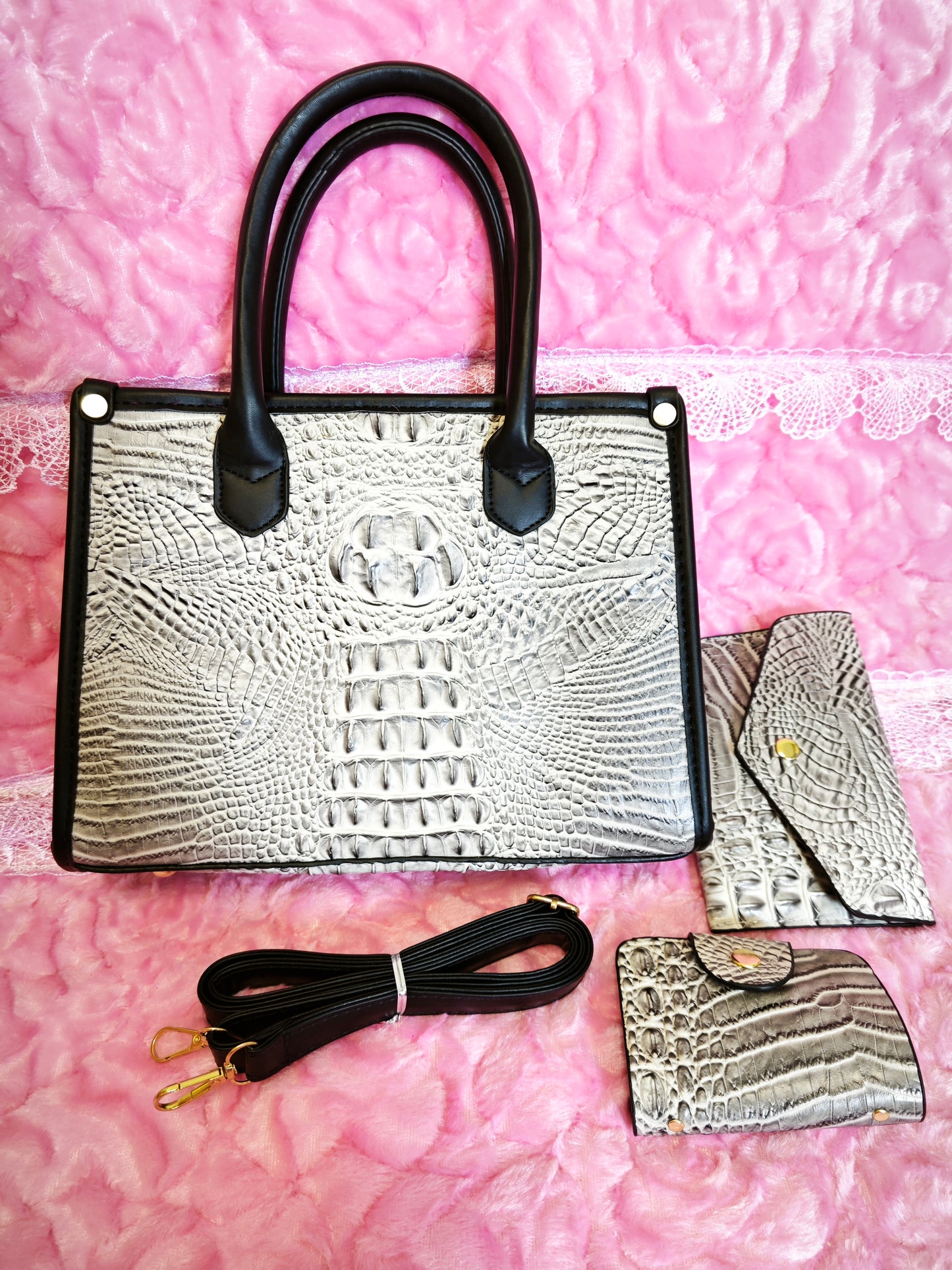 Silver-Gray Gradient Crocodile-Print Contrast Handbag