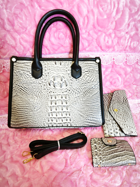 Silver-Gray Gradient Crocodile-Print Contrast Handbag