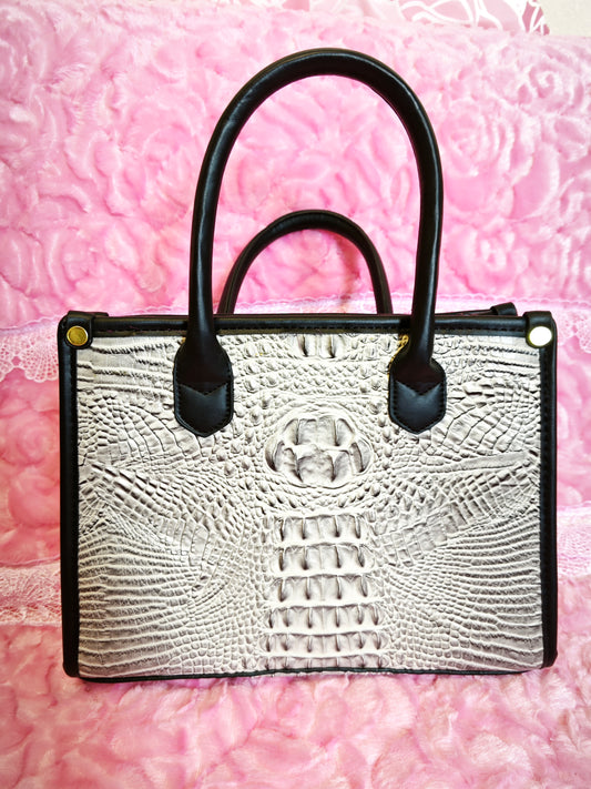 Silver-Gray Gradient Crocodile-Print Contrast Handbag