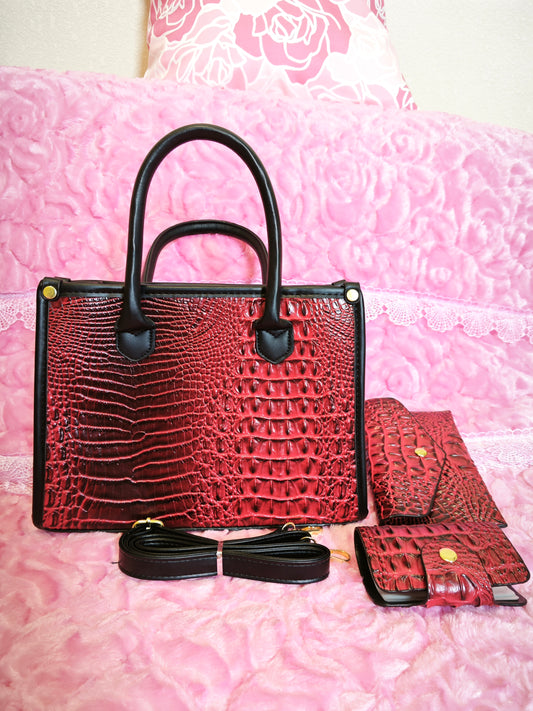 Red-Brown Gradient Crocodile-Print Contrast Handbag