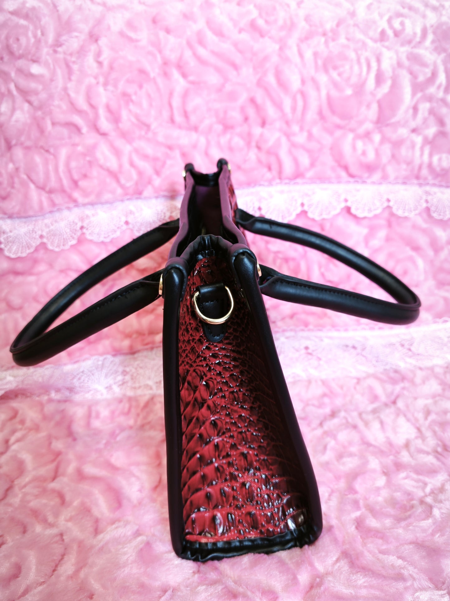 Red-Brown Gradient Crocodile-Print Contrast Handbag