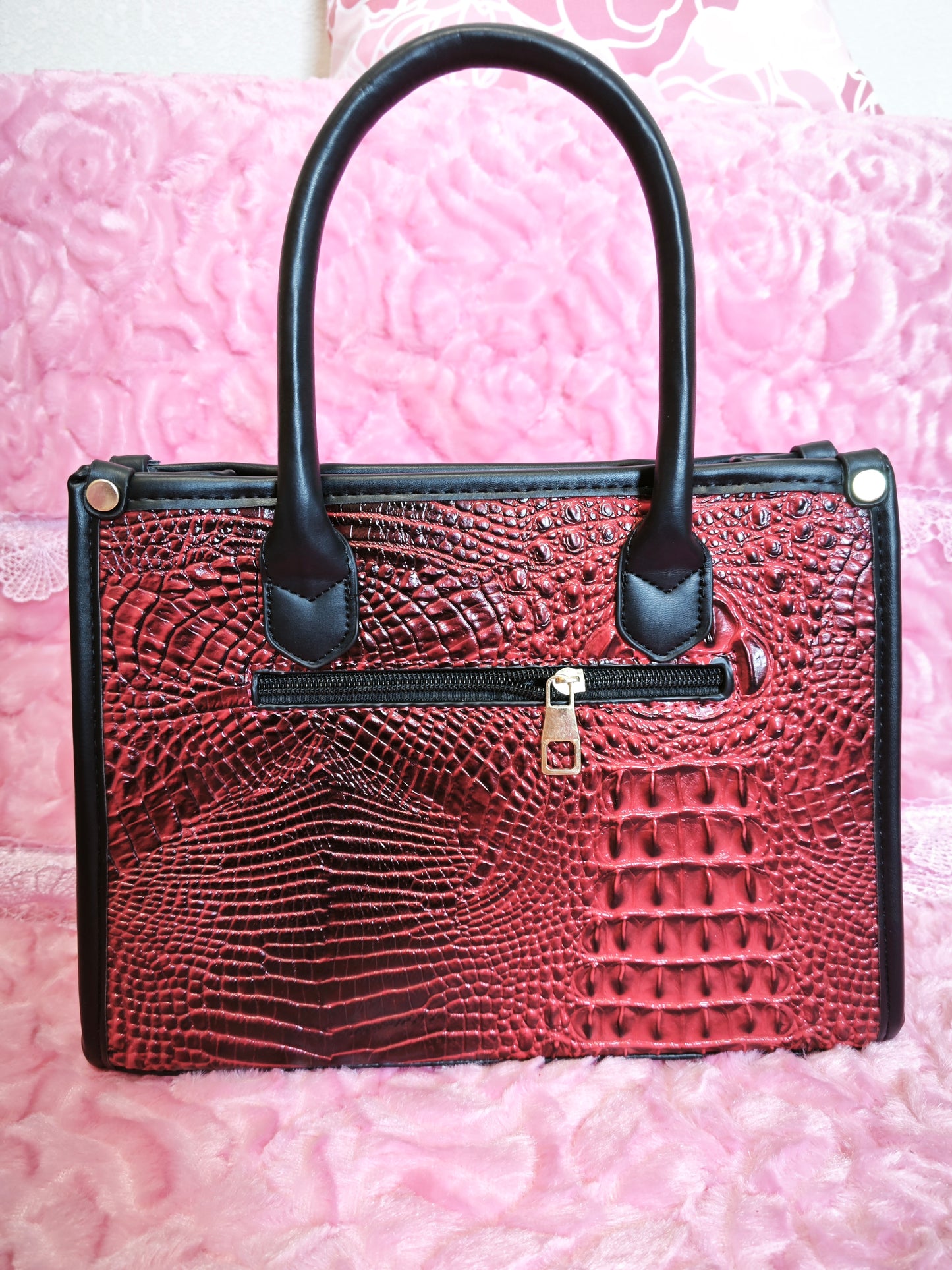 Red-Brown Gradient Crocodile-Print Contrast Handbag