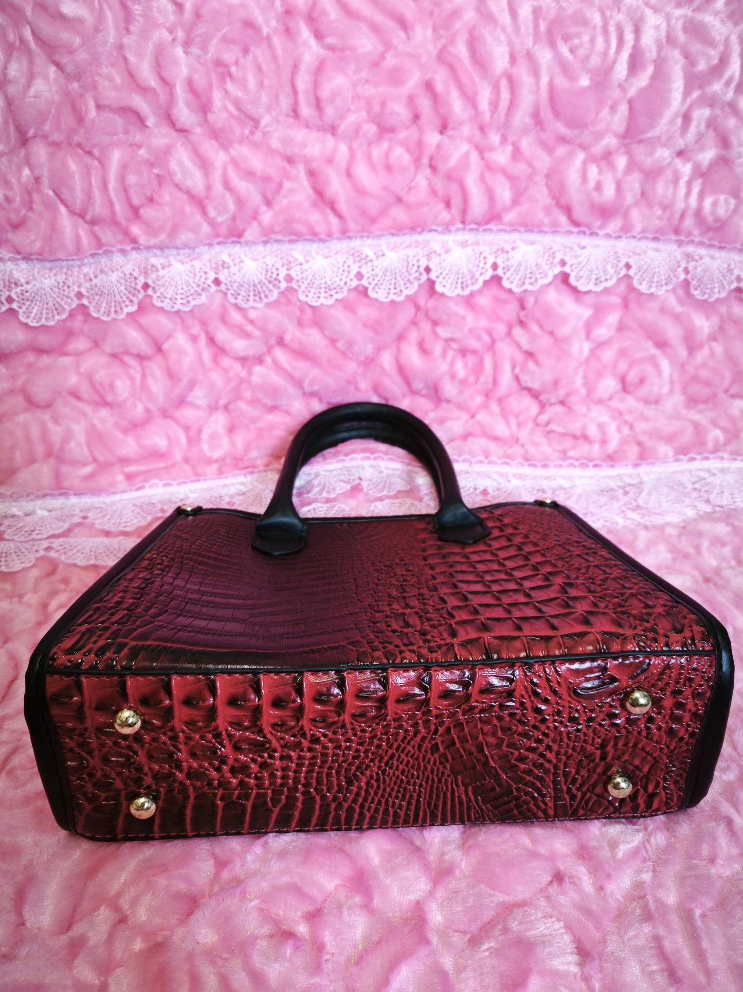 Red-Brown Gradient Crocodile-Print Contrast Handbag