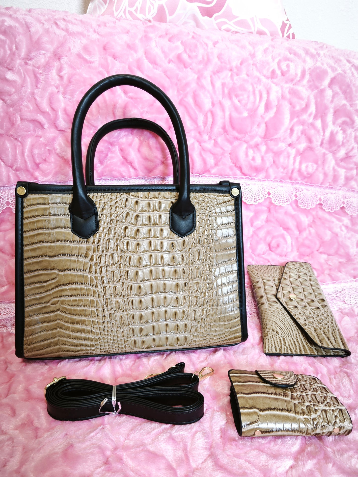 Light Brown Gradient Crocodile-Print Contrast Handbag