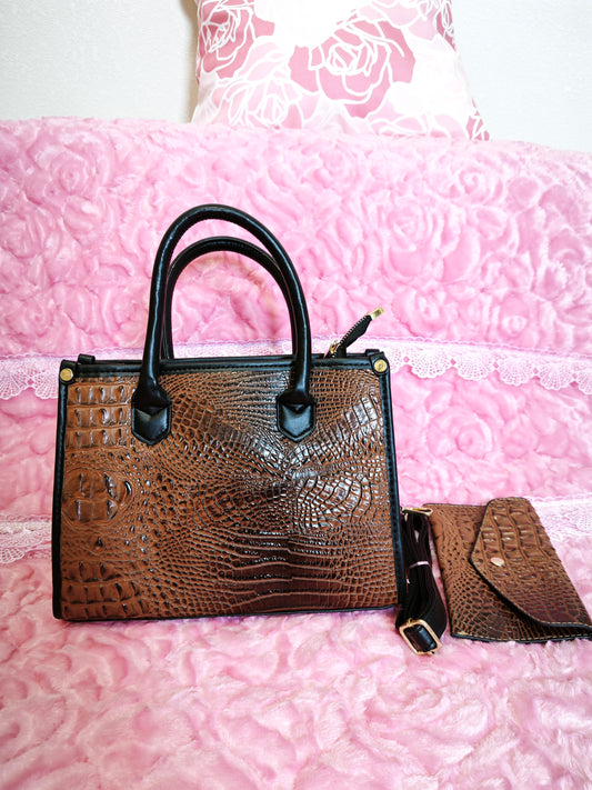 Dark Brown Gradient Crocodile-Print Contrast Handbag