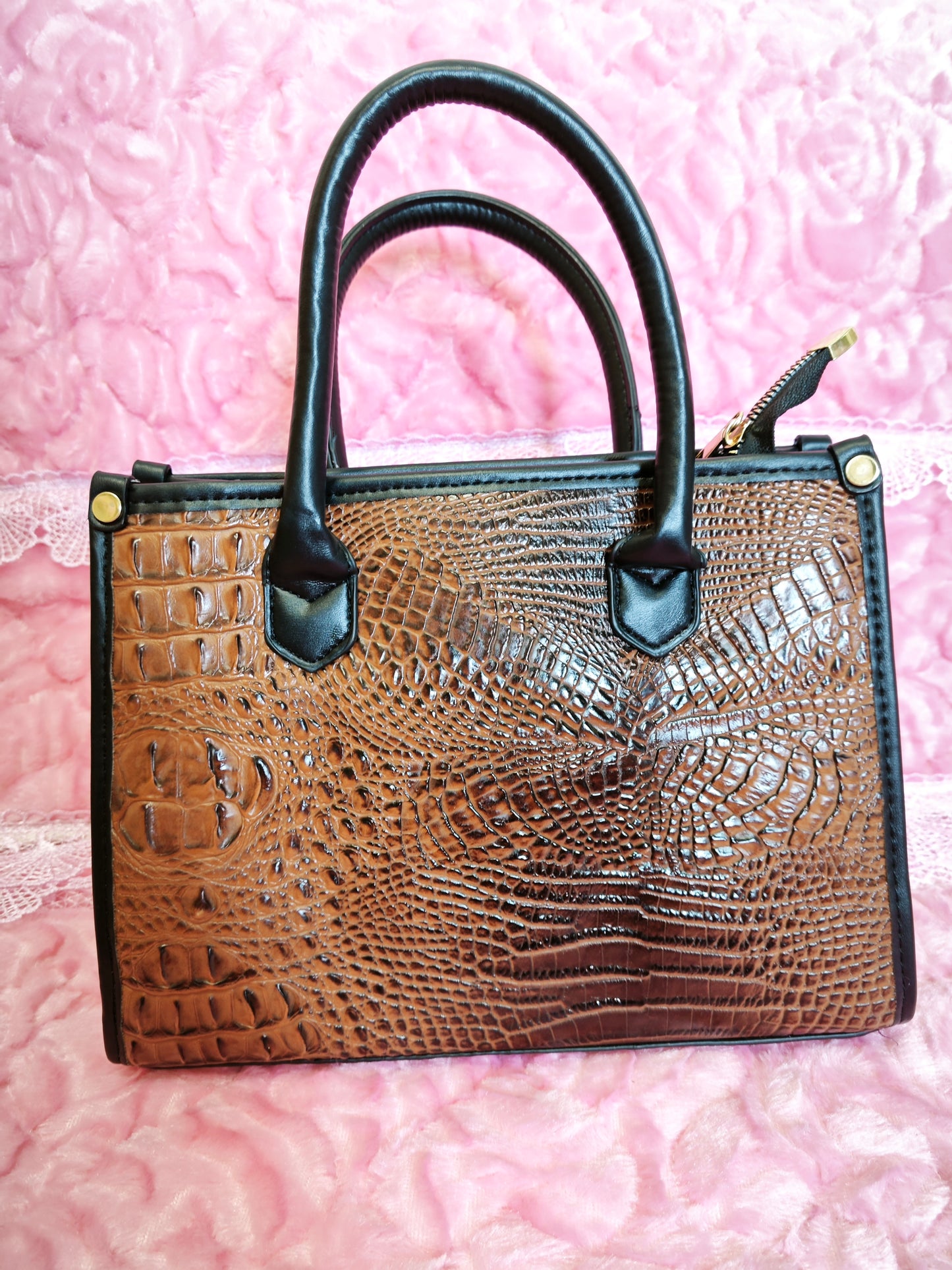 Dark Brown Gradient Crocodile-Print Contrast Handbag