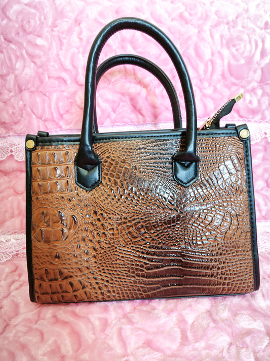 Dark Brown Gradient Crocodile-Print Contrast Handbag