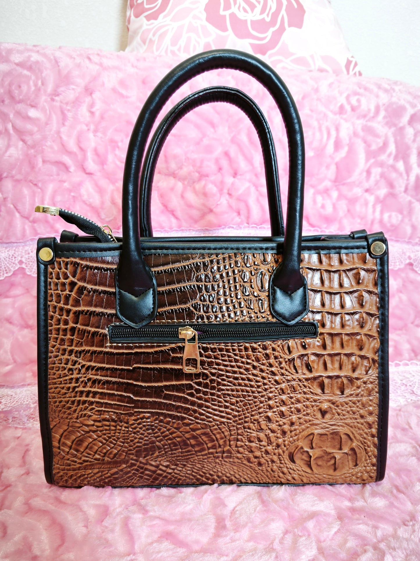 Dark Brown Gradient Crocodile-Print Contrast Handbag