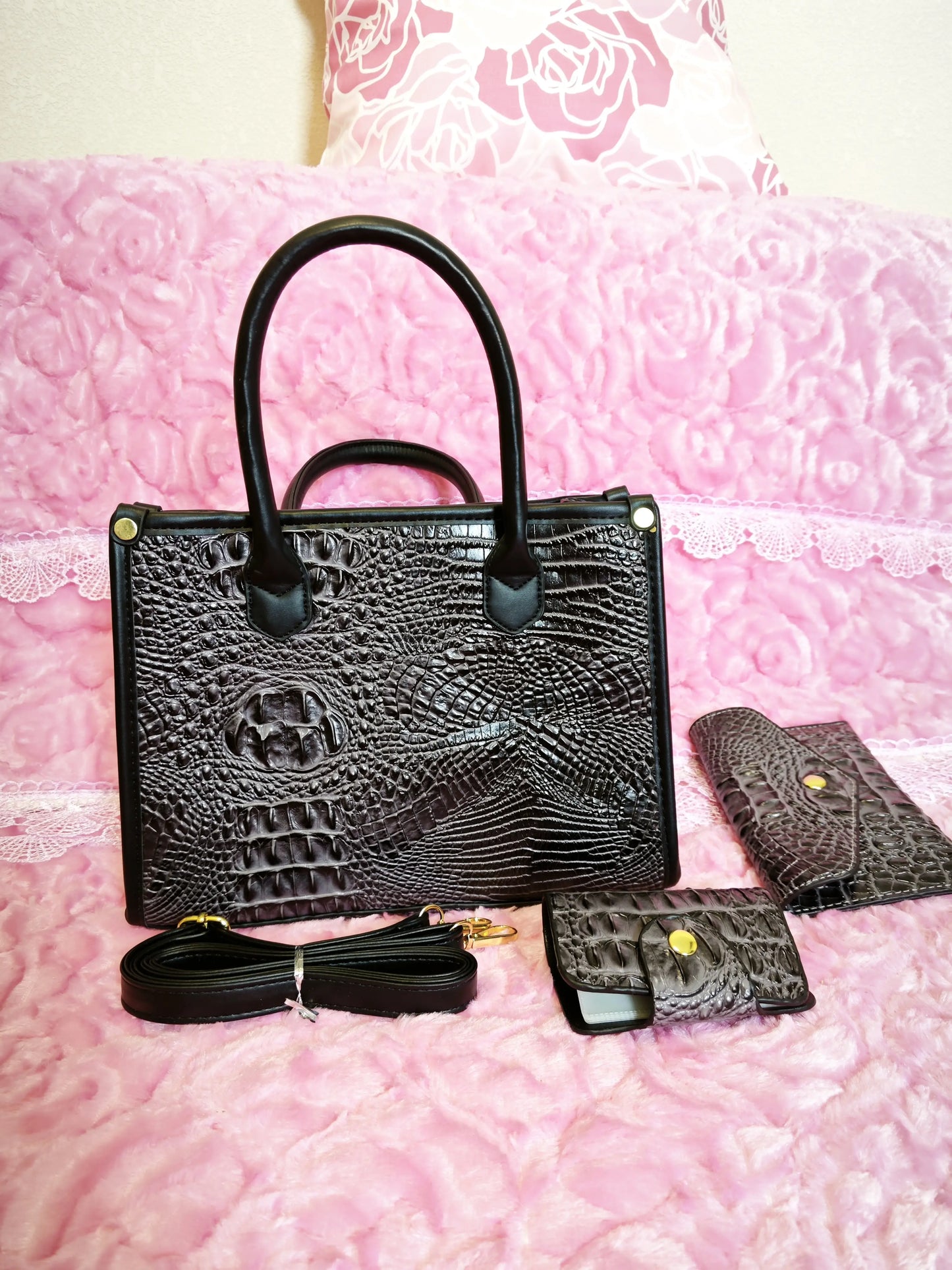 Dark Gray Crocodile Texture Mother-Child Tote Bag (M72)