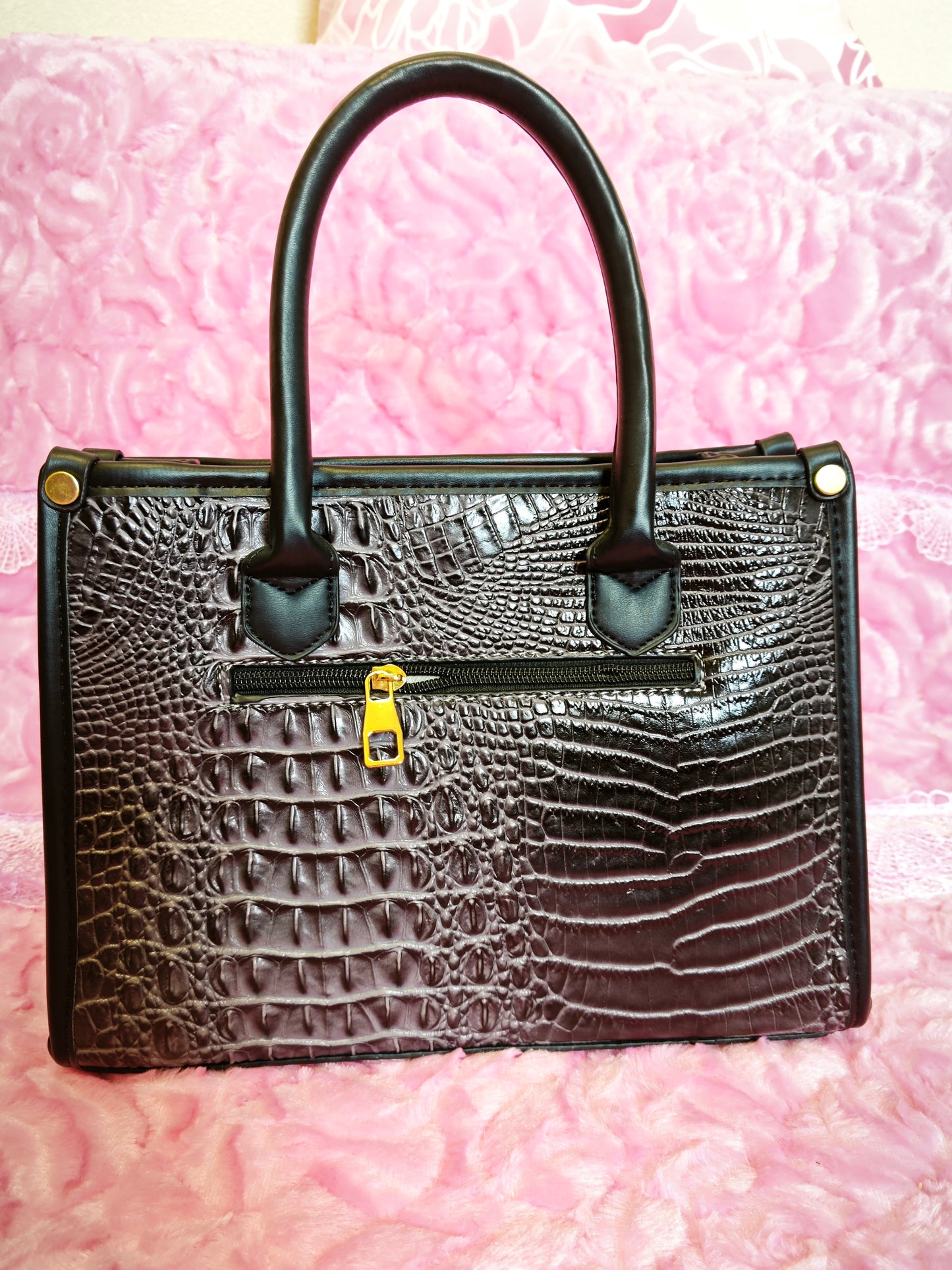 Black Gradient Crocodile-Print Contrast Handbag