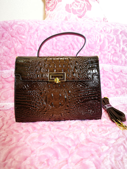 Dark Brown Patent Crocodile-Print Handbag with Metal Lock