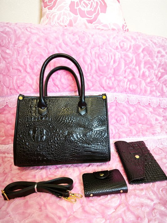 All-Black Crocodile-Print Handbag