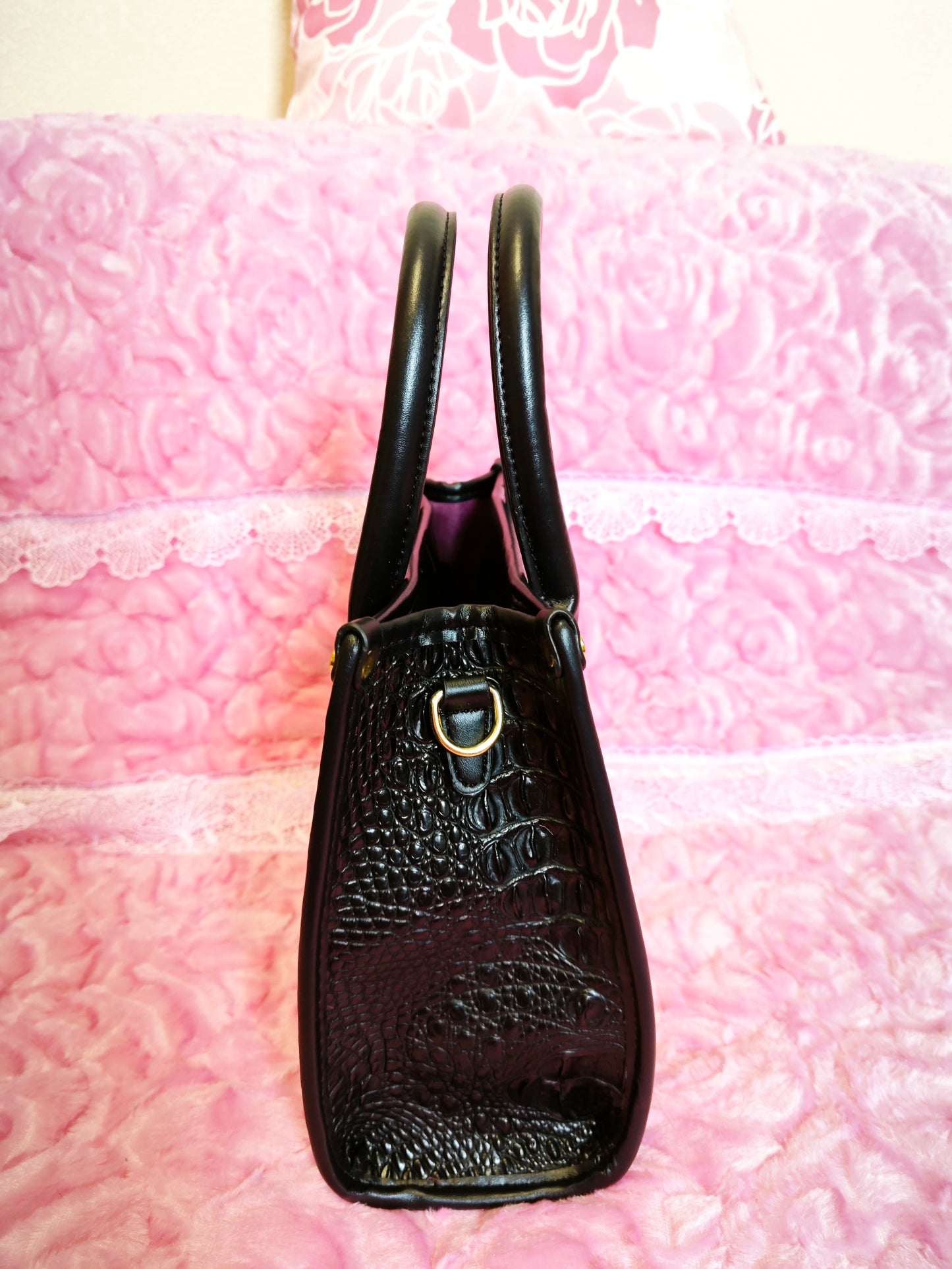 All-Black Crocodile-Print Handbag