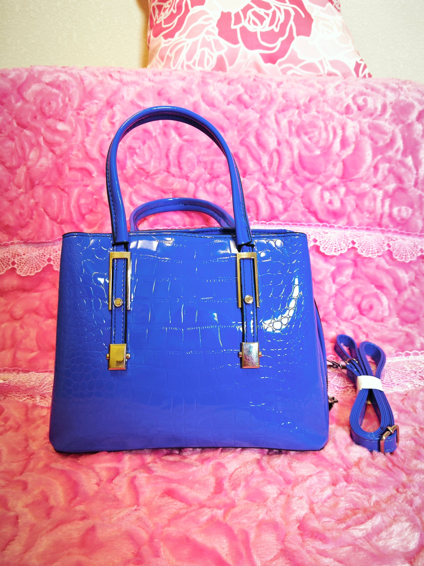 Bright Blue Patent Crocodile-Print Handbag with Metal Accents
