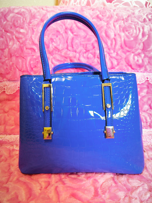 Bright Blue Patent Crocodile-Print Handbag with Metal Accents