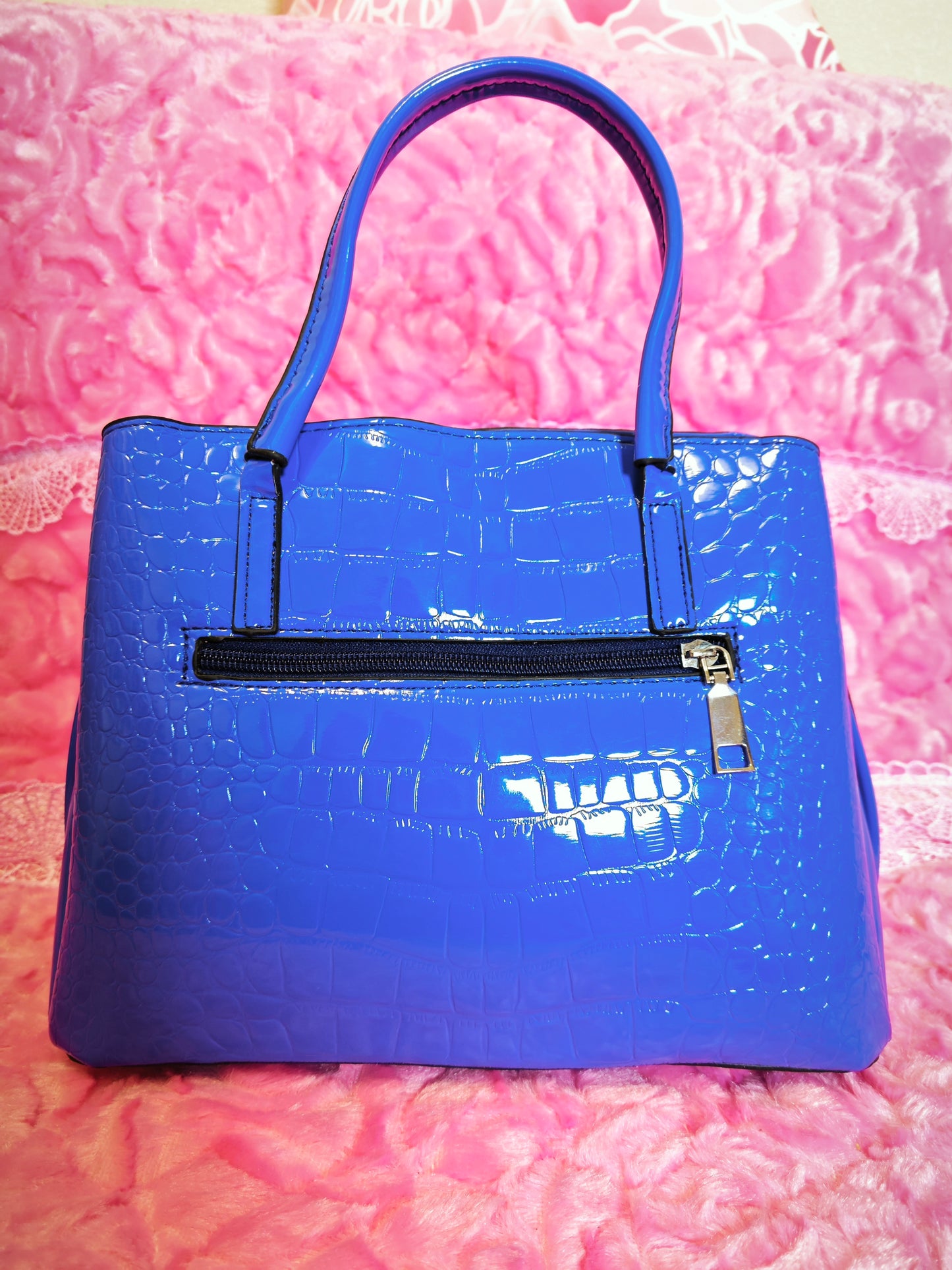 Bright Blue Patent Crocodile-Print Handbag with Metal Accents