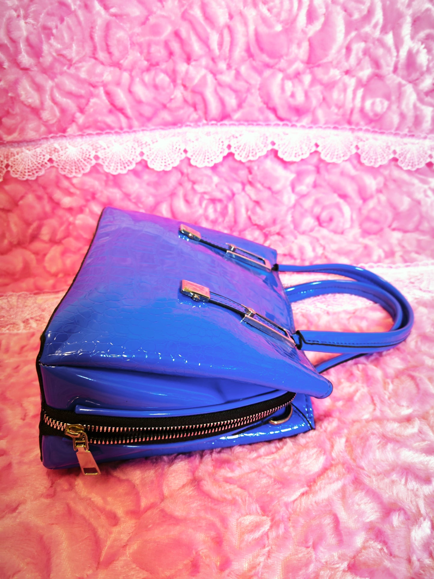 Bright Blue Patent Crocodile-Print Handbag with Metal Accents
