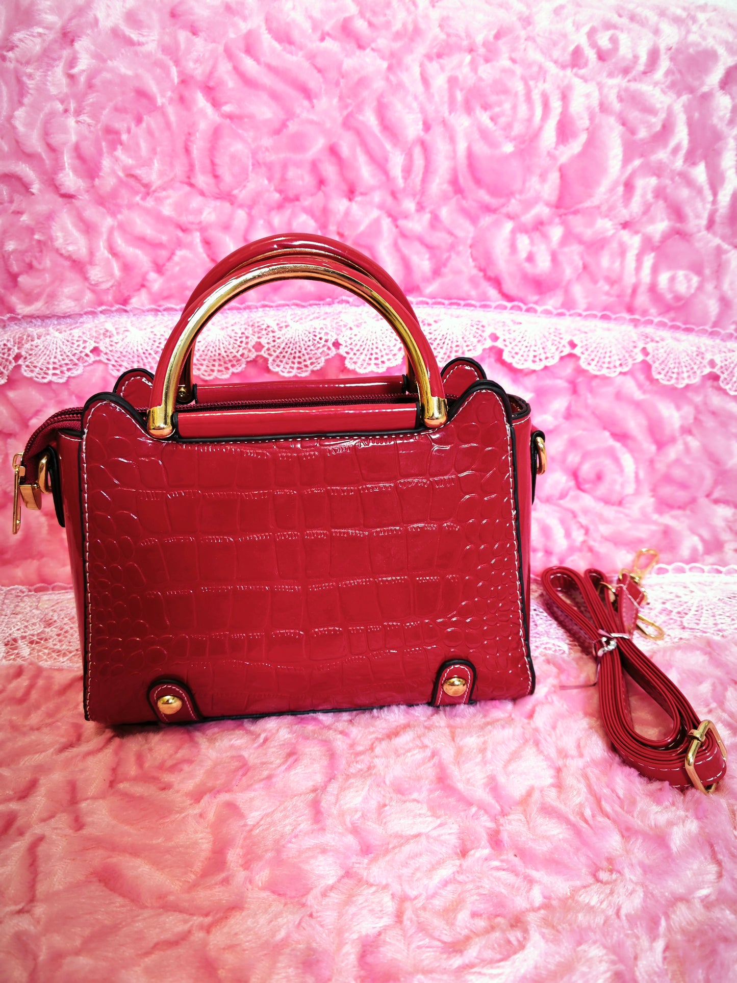 Burgundy Patent Crocodile-Print Mini Handbag with Metal Circular Handle