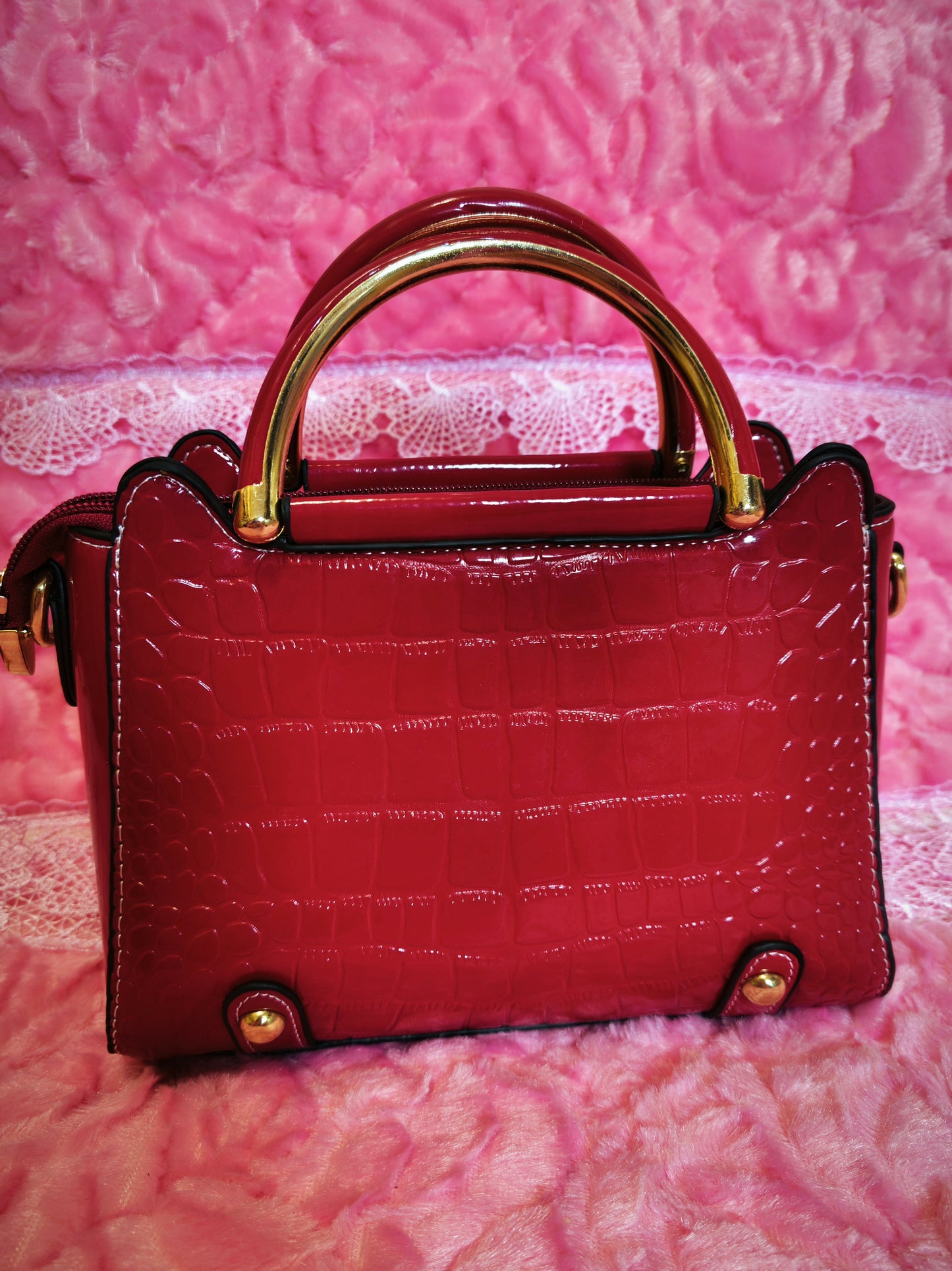 Burgundy Patent Crocodile-Print Mini Handbag with Metal Circular Handle