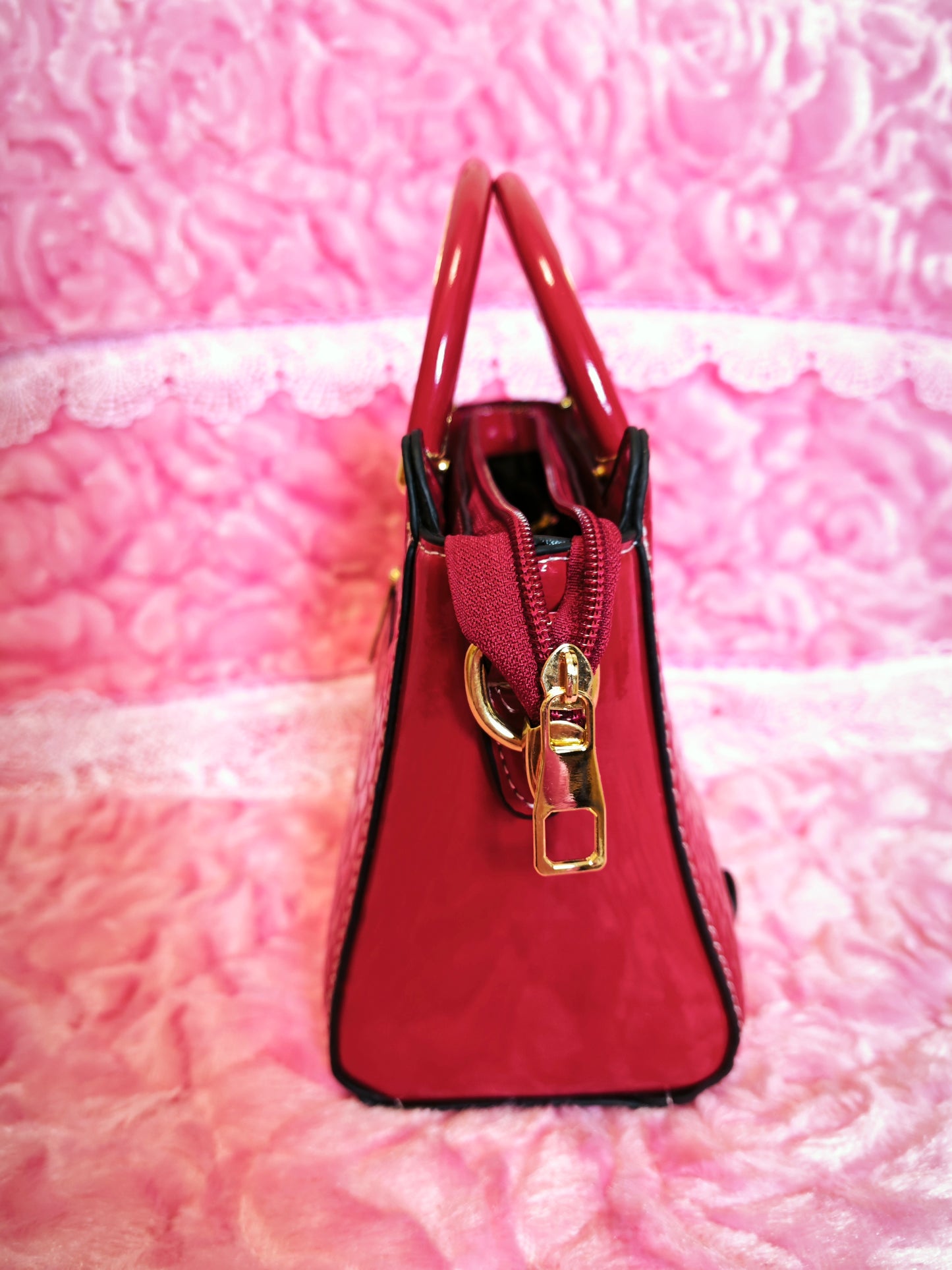 Burgundy Patent Crocodile-Print Mini Handbag with Metal Circular Handle