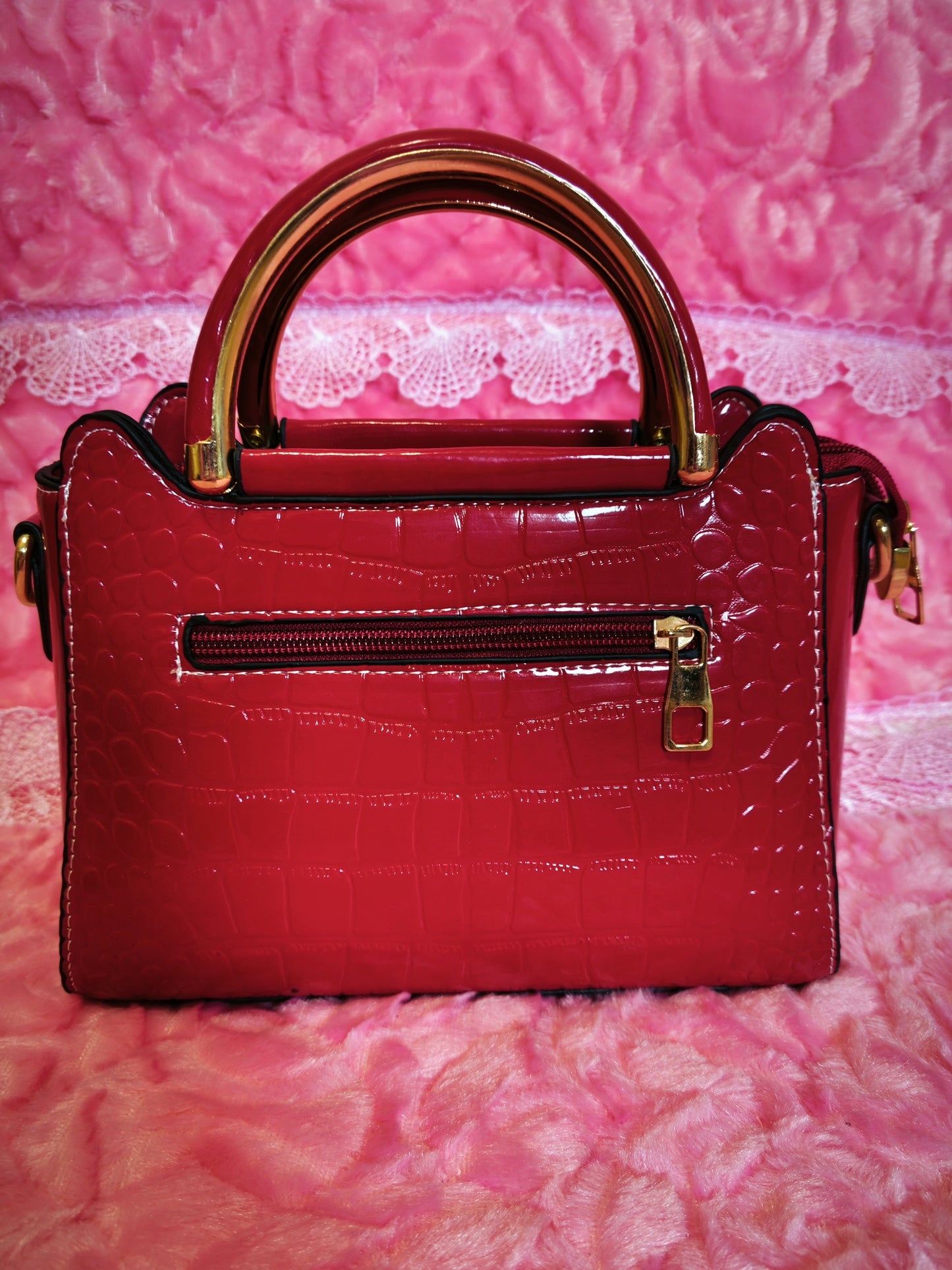 Burgundy Patent Crocodile-Print Mini Handbag with Metal Circular Handle