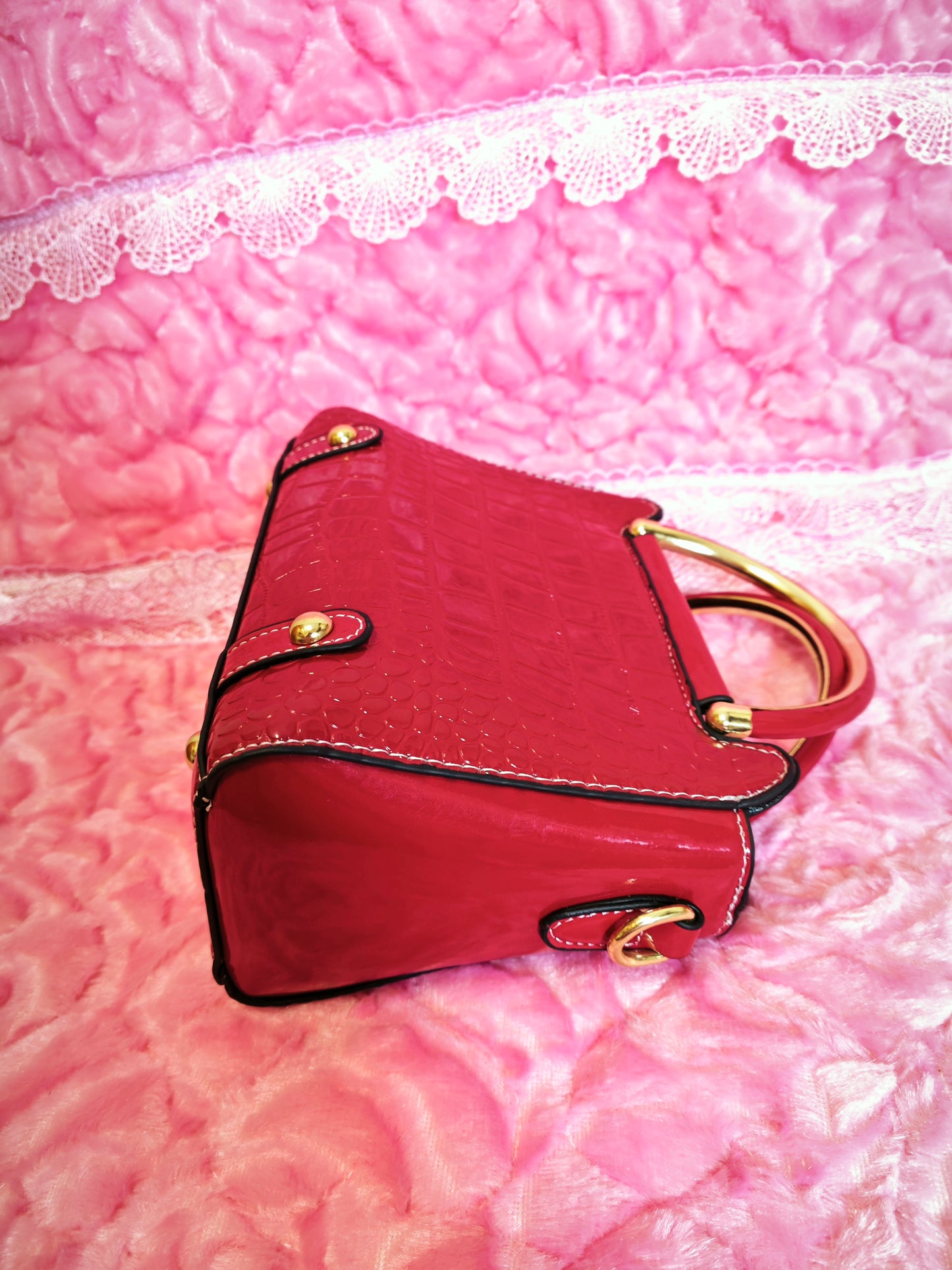 Burgundy Patent Crocodile-Print Mini Handbag with Metal Circular Handle