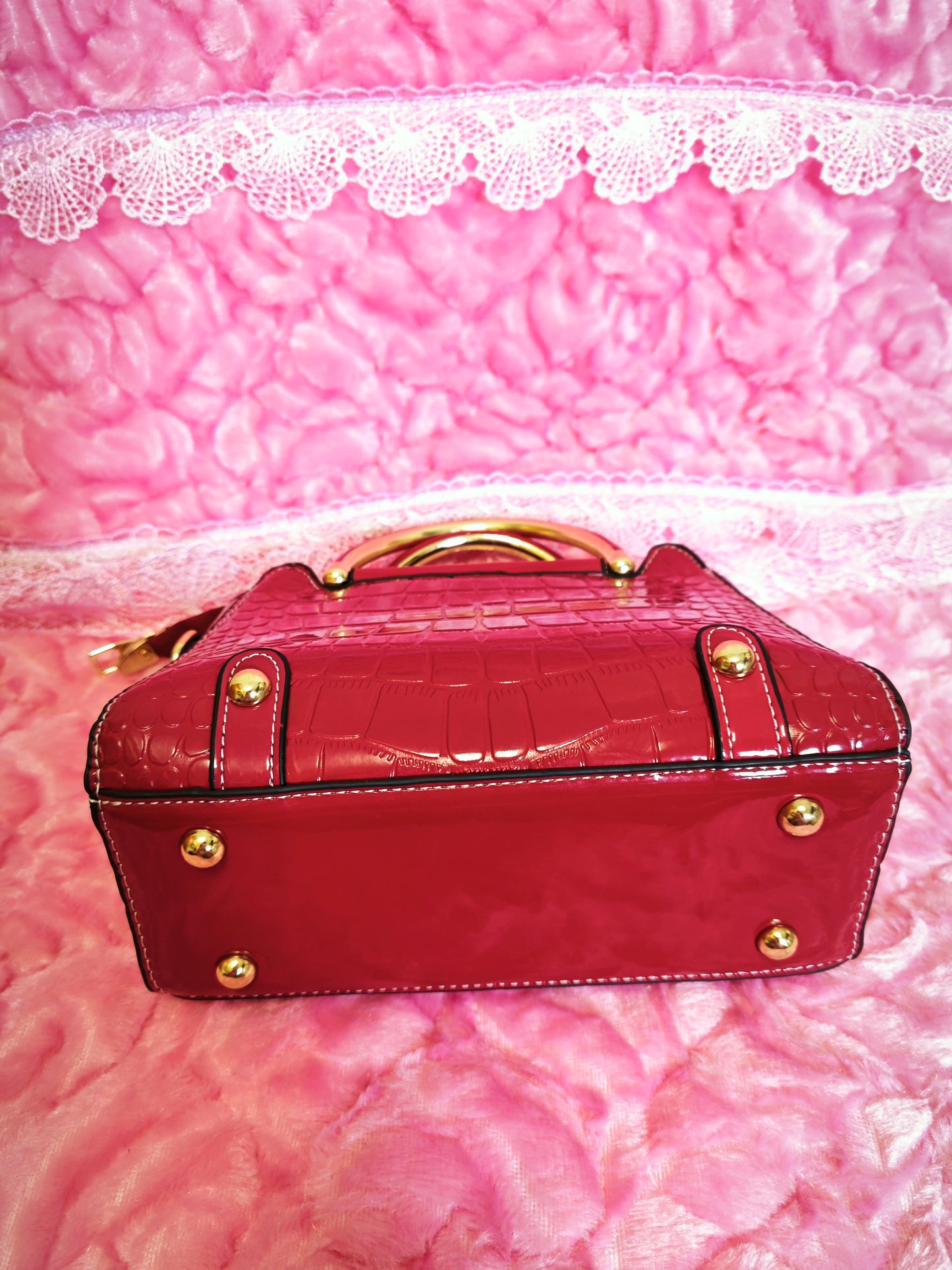 Burgundy Patent Crocodile-Print Mini Handbag with Metal Circular Handle