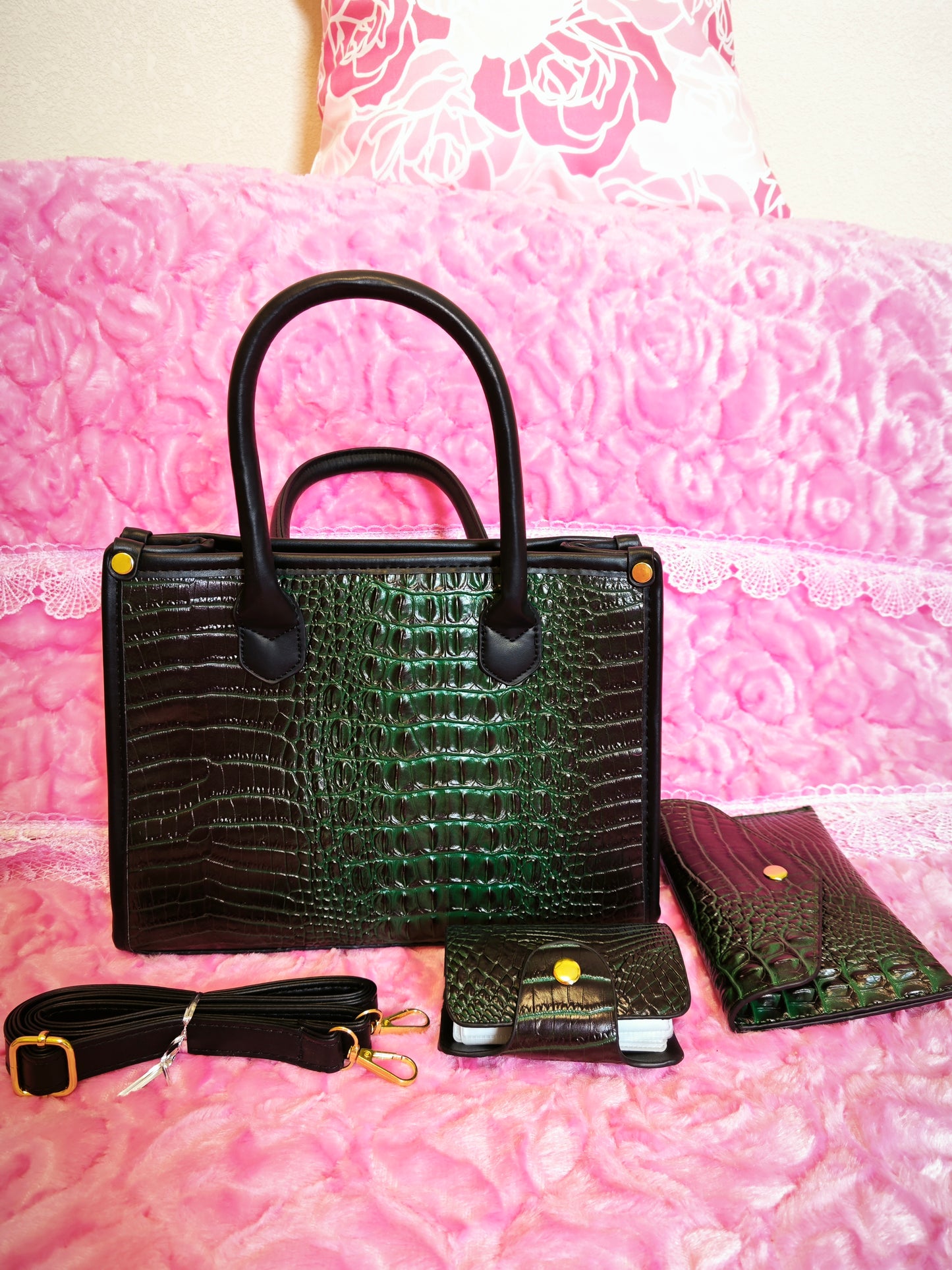Dark Green Gradient Crocodile-Print Contrast Handbag