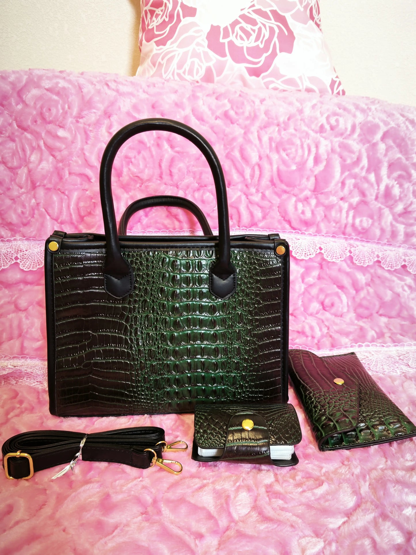 Dark Green Gradient Crocodile Texture Mother-Child Tote Bag (M77)
