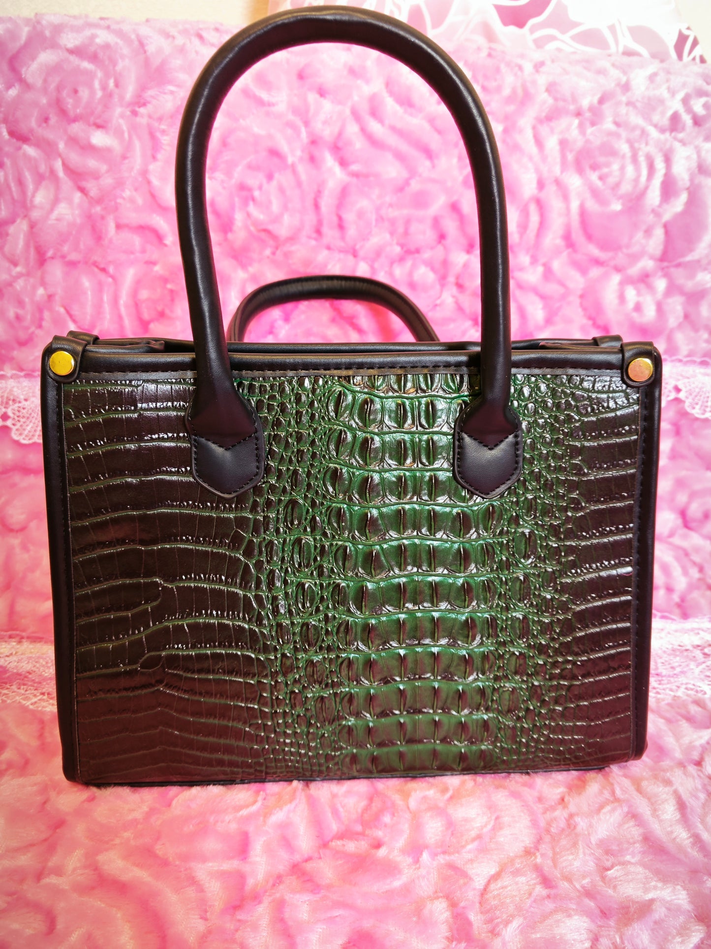 Dark Green Gradient Crocodile-Print Contrast Handbag