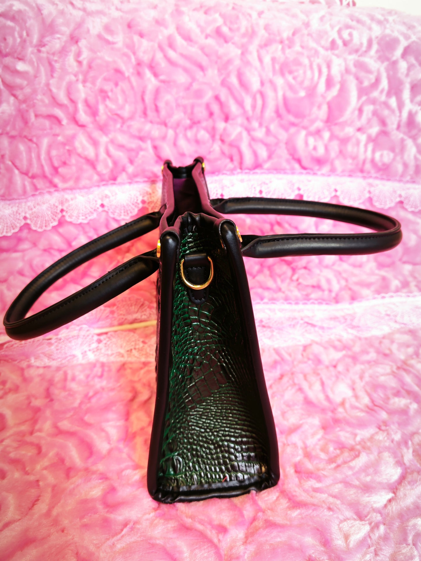 Dark Green Gradient Crocodile-Print Contrast Handbag