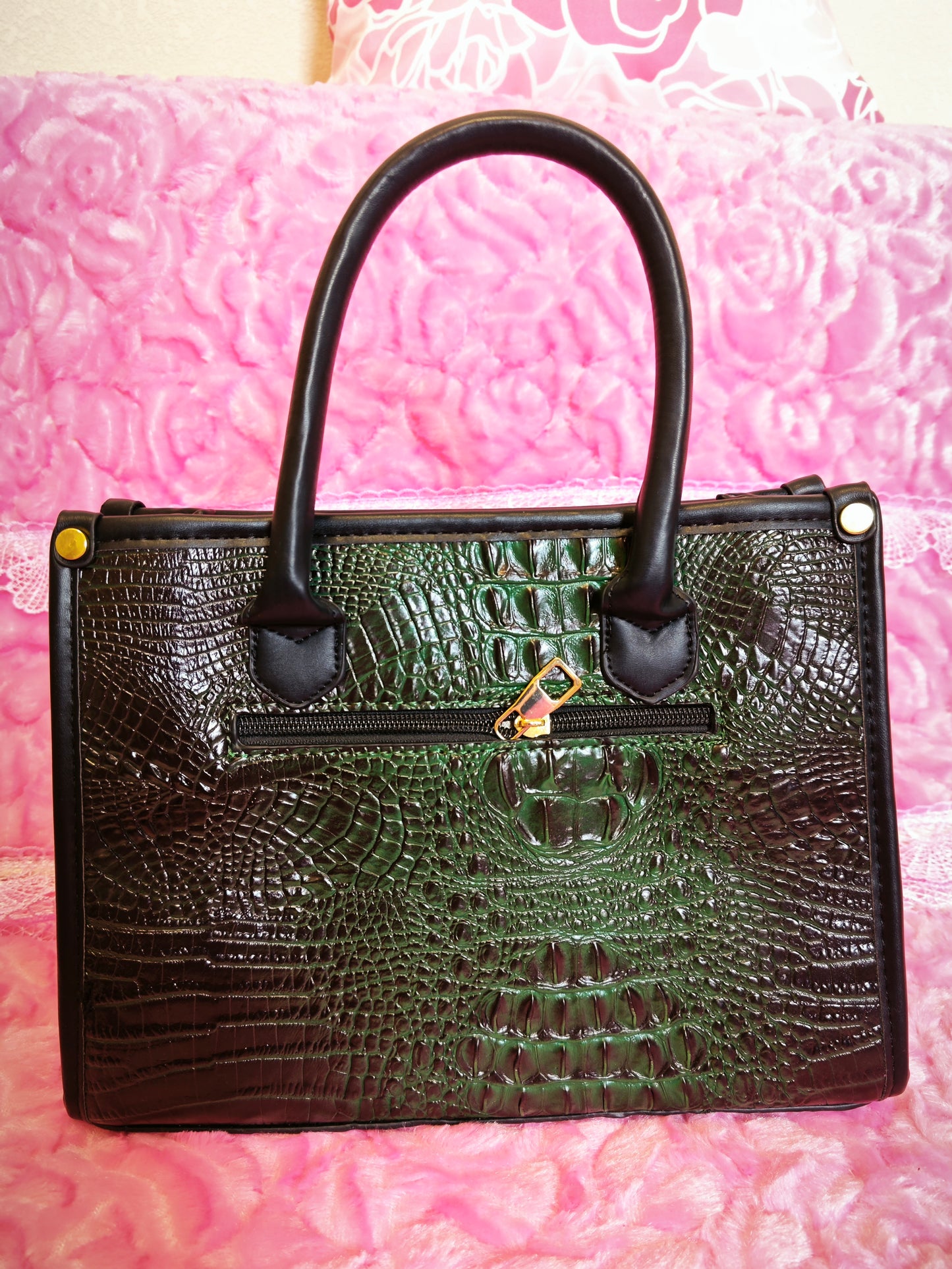 Dark Green Gradient Crocodile-Print Contrast Handbag