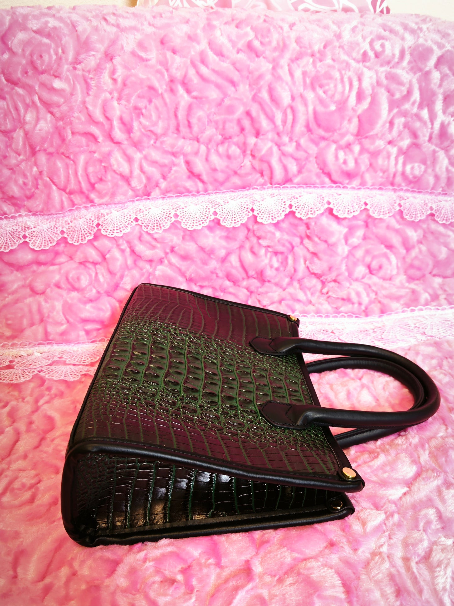 Dark Green Gradient Crocodile-Print Contrast Handbag