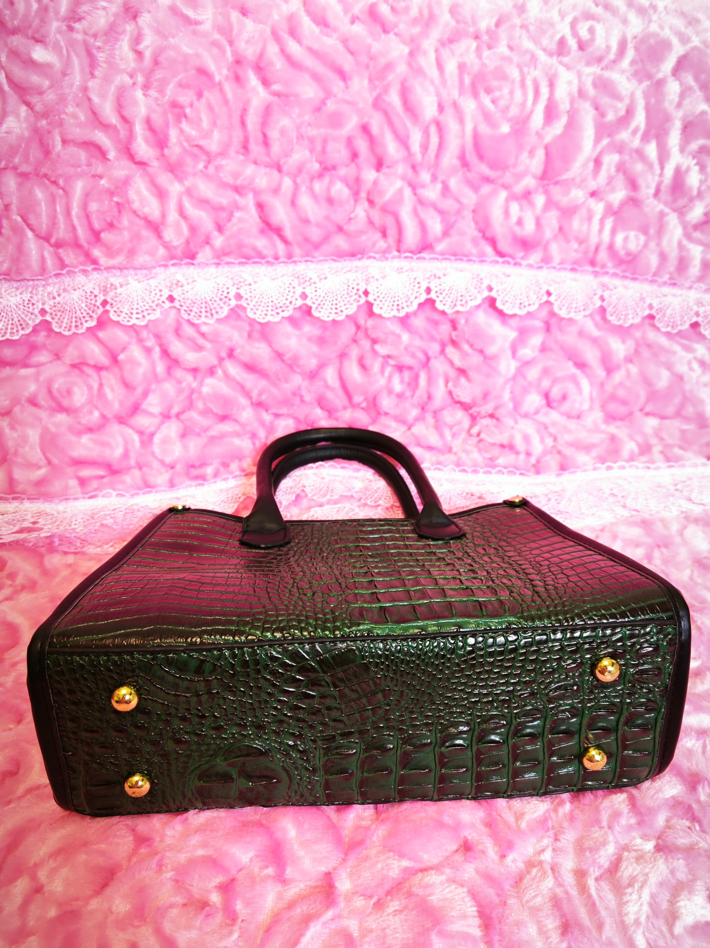 Dark Green Gradient Crocodile-Print Contrast Handbag