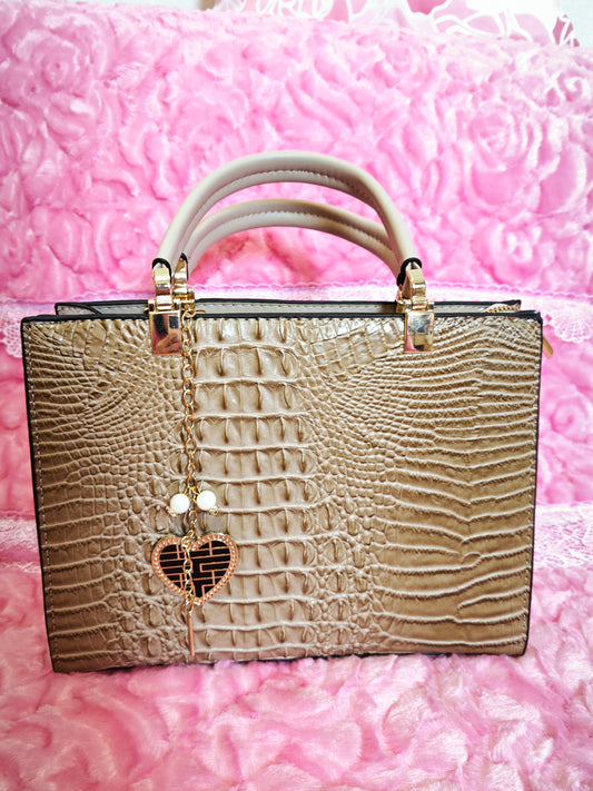 Light Gold Gradient Crocodile-Print Handbag with Heart Pendant