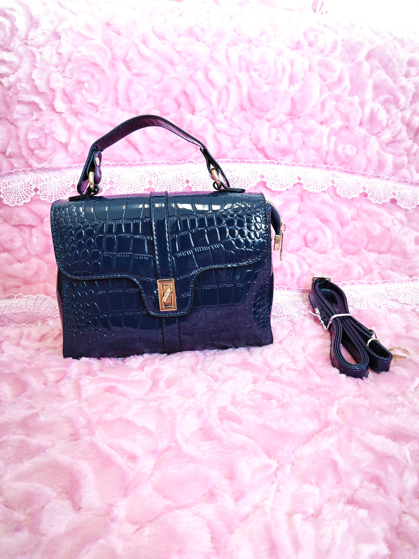 Navy Patent Crocodile-Print Handbag with Metal Lock