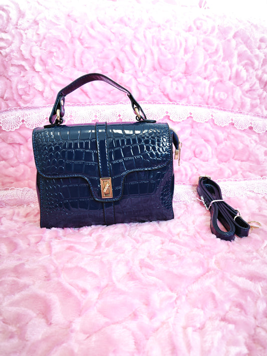 Navy Patent Crocodile-Print Handbag with Metal Lock