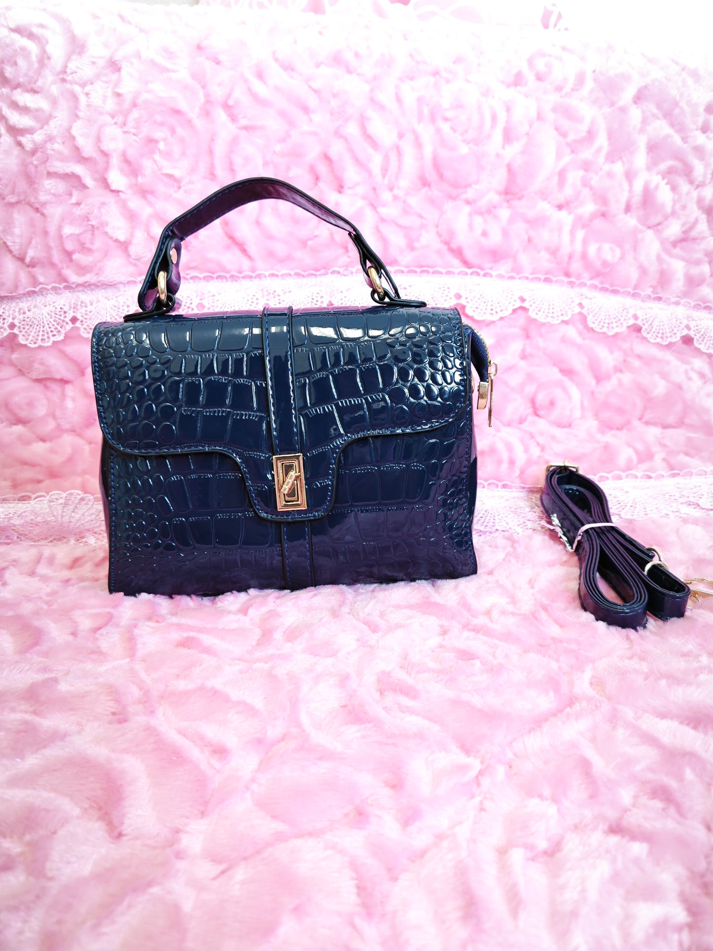Navy Patent Crocodile-Print Handbag with Metal Lock