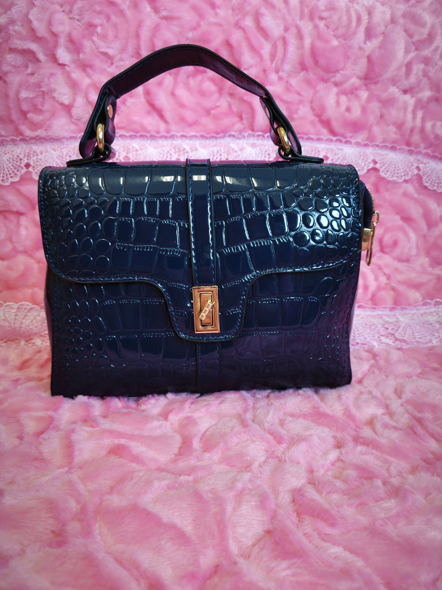Navy Patent Crocodile-Print Handbag with Metal Lock