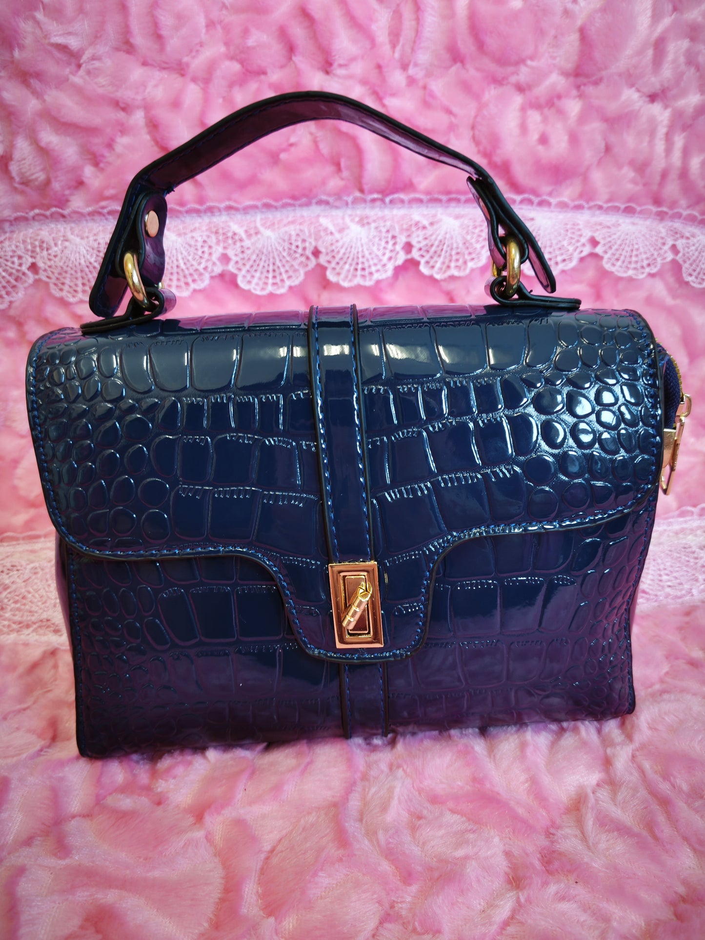 Navy Patent Crocodile-Print Handbag with Metal Lock
