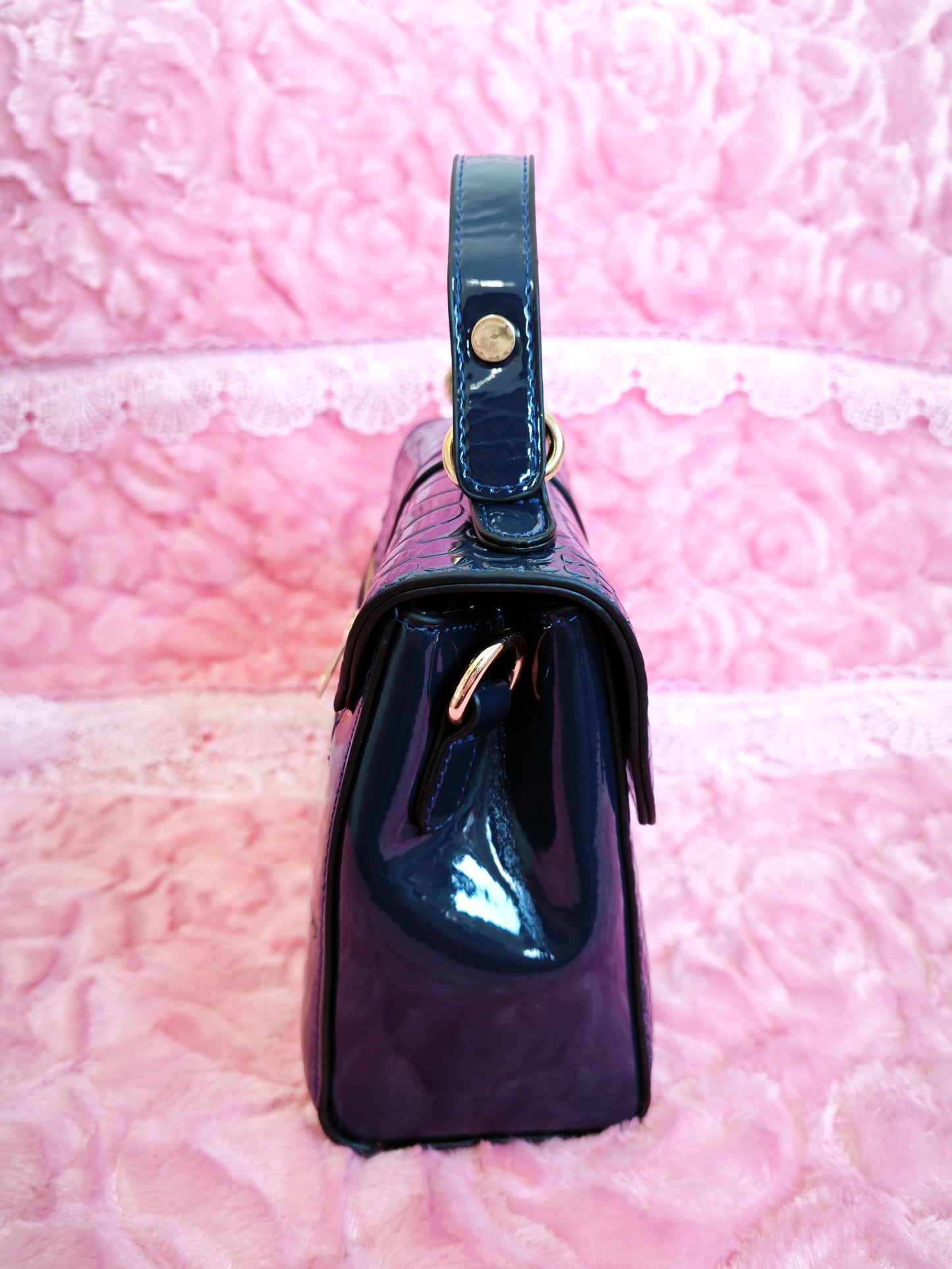 Navy Patent Crocodile-Print Handbag with Metal Lock